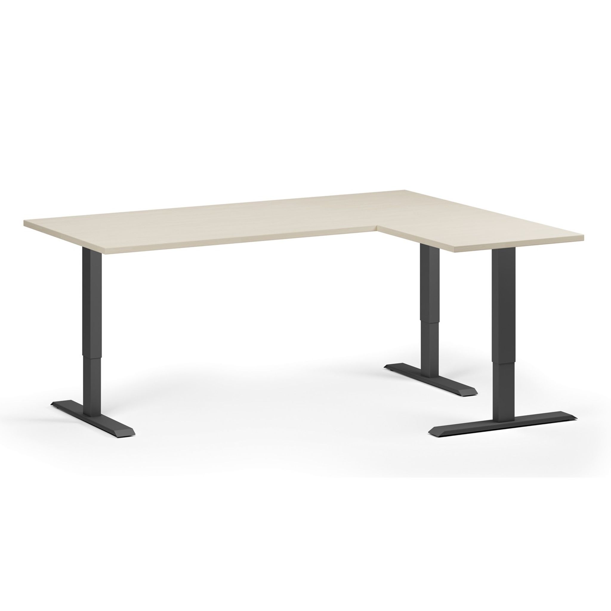 Höhenverstellbarer Schreibtisch, 3 Motoren, 745 - 1215 mm, Ecke L/R, Tischplatte 1800 x 1400 mm, schwarzes Untergestell, Birke