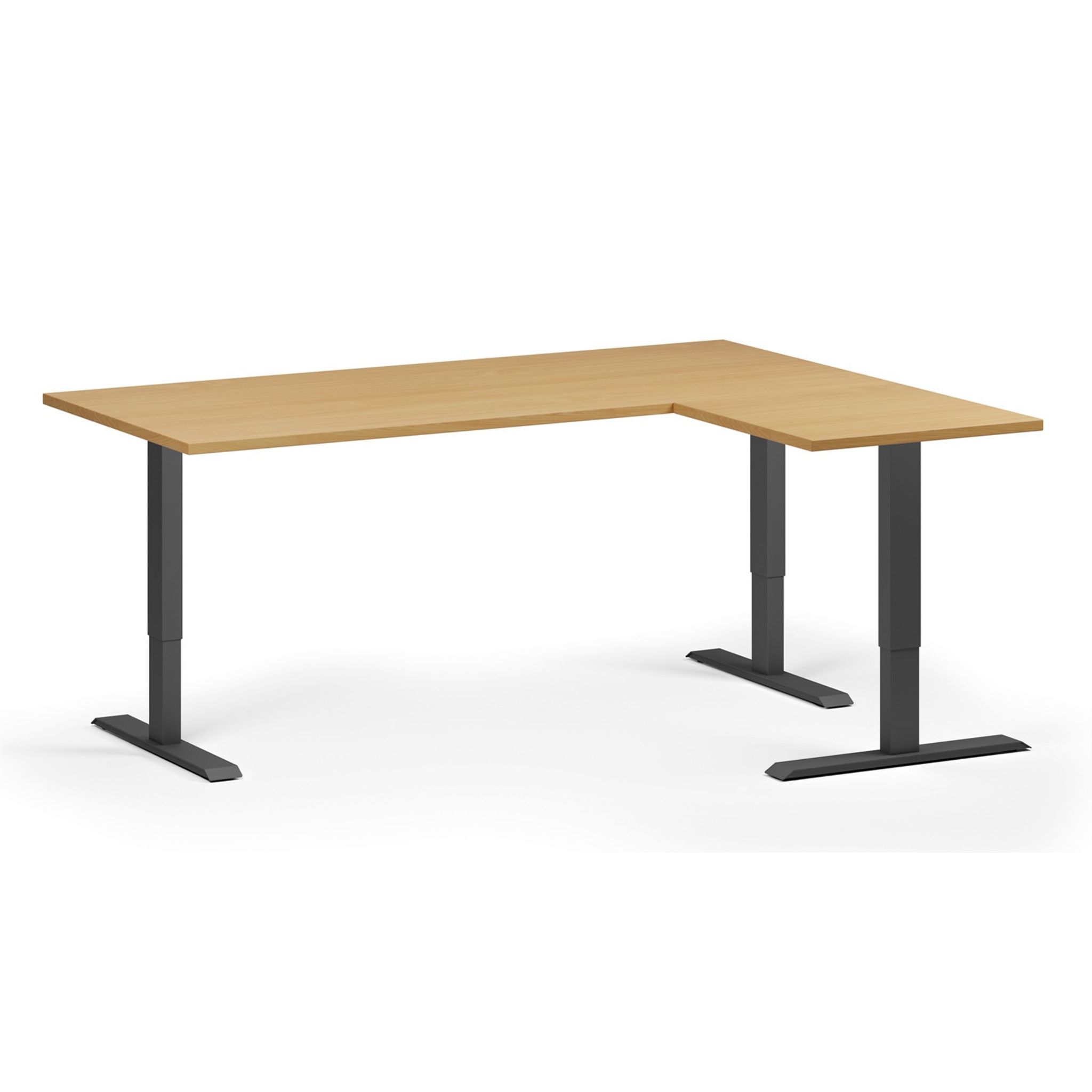 Höhenverstellbarer Schreibtisch, 3 Motoren, 745 - 1215 mm, Ecke L/R, Tischplatte 1800 x 1400 mm, schwarzes Untergestell, Buche