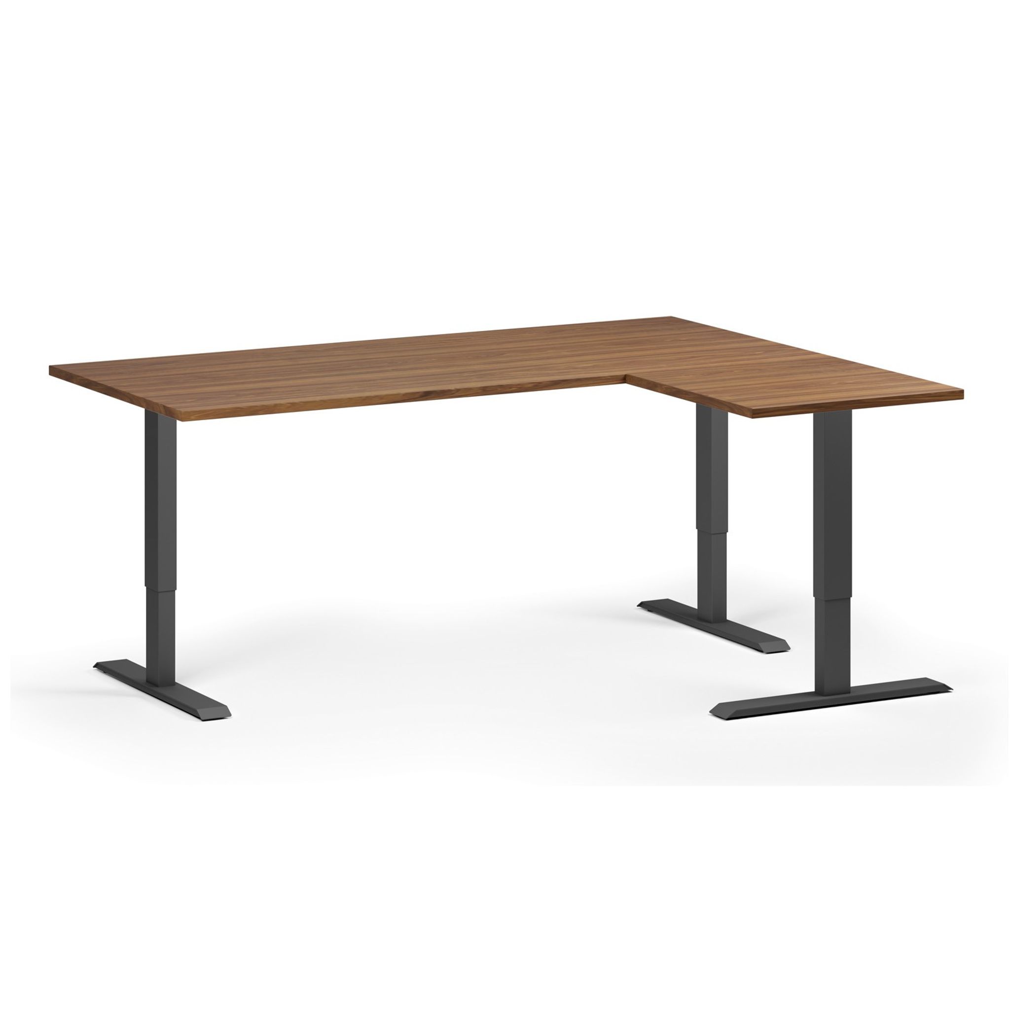 Höhenverstellbarer Schreibtisch, 3 Motoren, 745 - 1215 mm, Ecke L/R, Tischplatte 1800 x 1400 mm, schwarzes Untergestell, Nussbaum