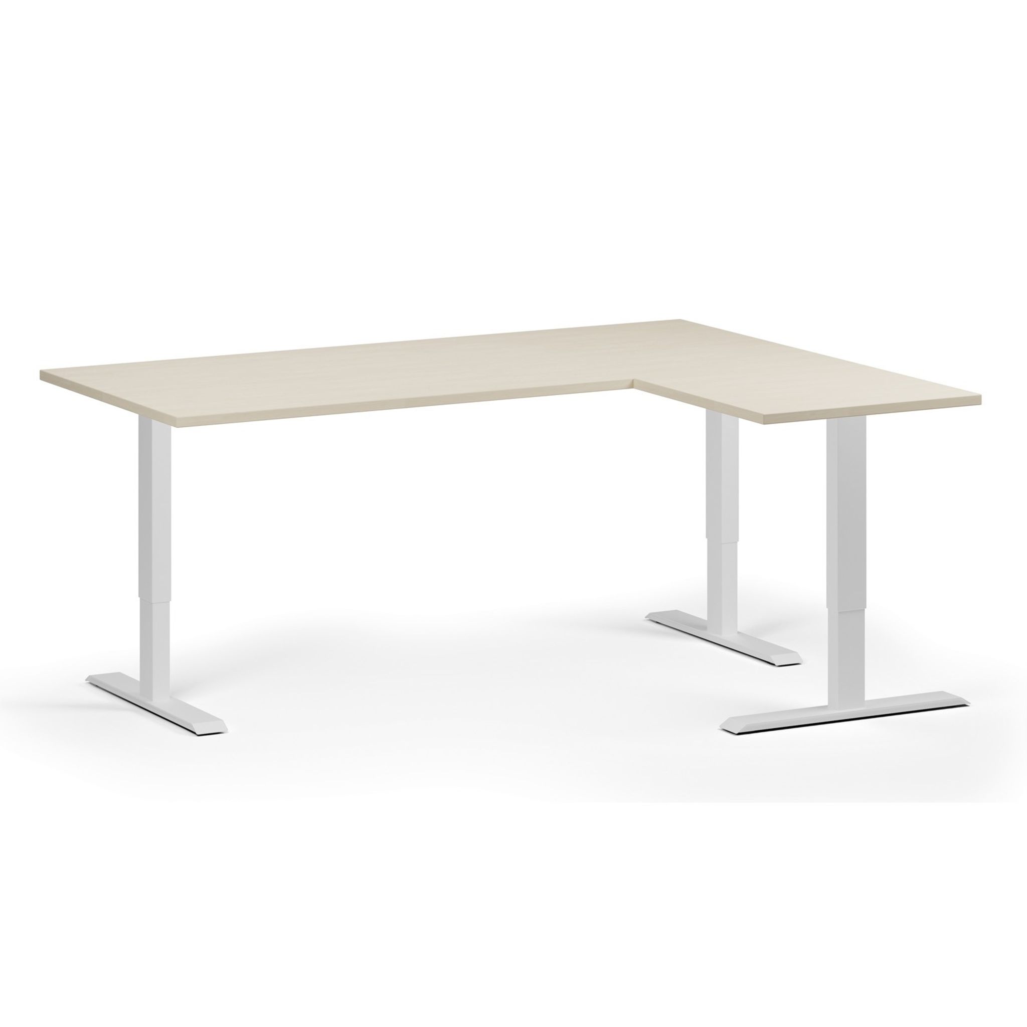 Höhenverstellbarer Schreibtisch, 3 Motoren, 745 - 1215 mm, Ecke L/R, Tischplatte 1800 x 1400 mm, weißes Untergestell, Birke