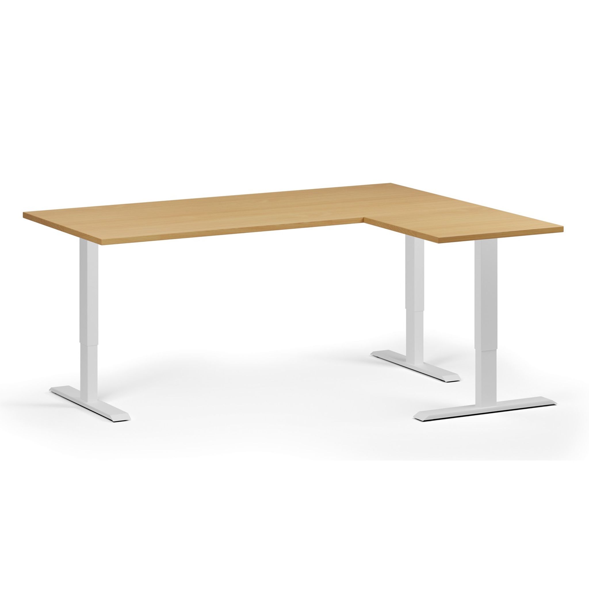 Höhenverstellbarer Schreibtisch, 3 Motoren, 745 - 1215 mm, Ecke L/R, Tischplatte 1800 x 1400 mm, weißes Untergestell, Buche