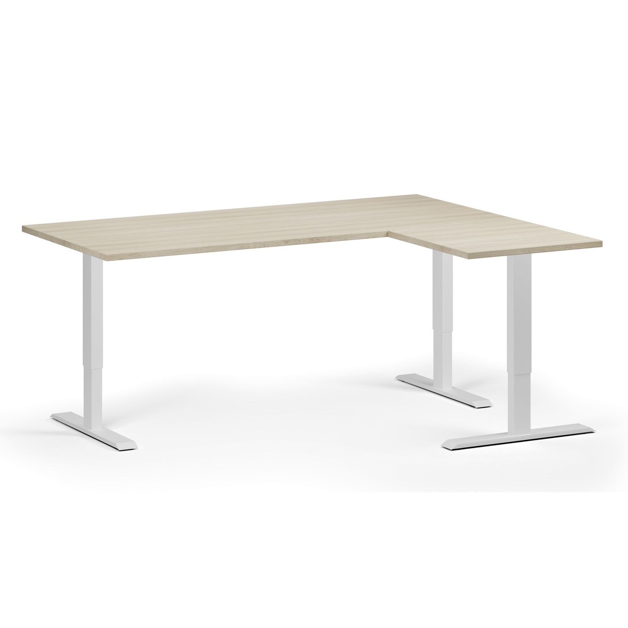 Höhenverstellbarer Schreibtisch, 3 Motoren, 745 - 1215 mm, Ecke L/R, Tischplatte 1800 x 1400 mm, weißes Untergestell, Eiche natur