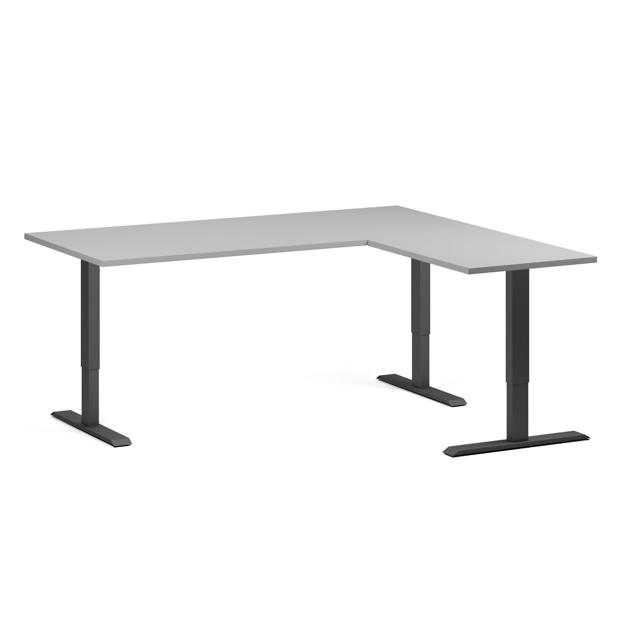 Höhenverstellbarer Schreibtisch, 3 Motoren, 745 - 1215 mm, Ecke L/R, Tischplatte 1800 x 1600 mm, schwarzes Untergestell, grau