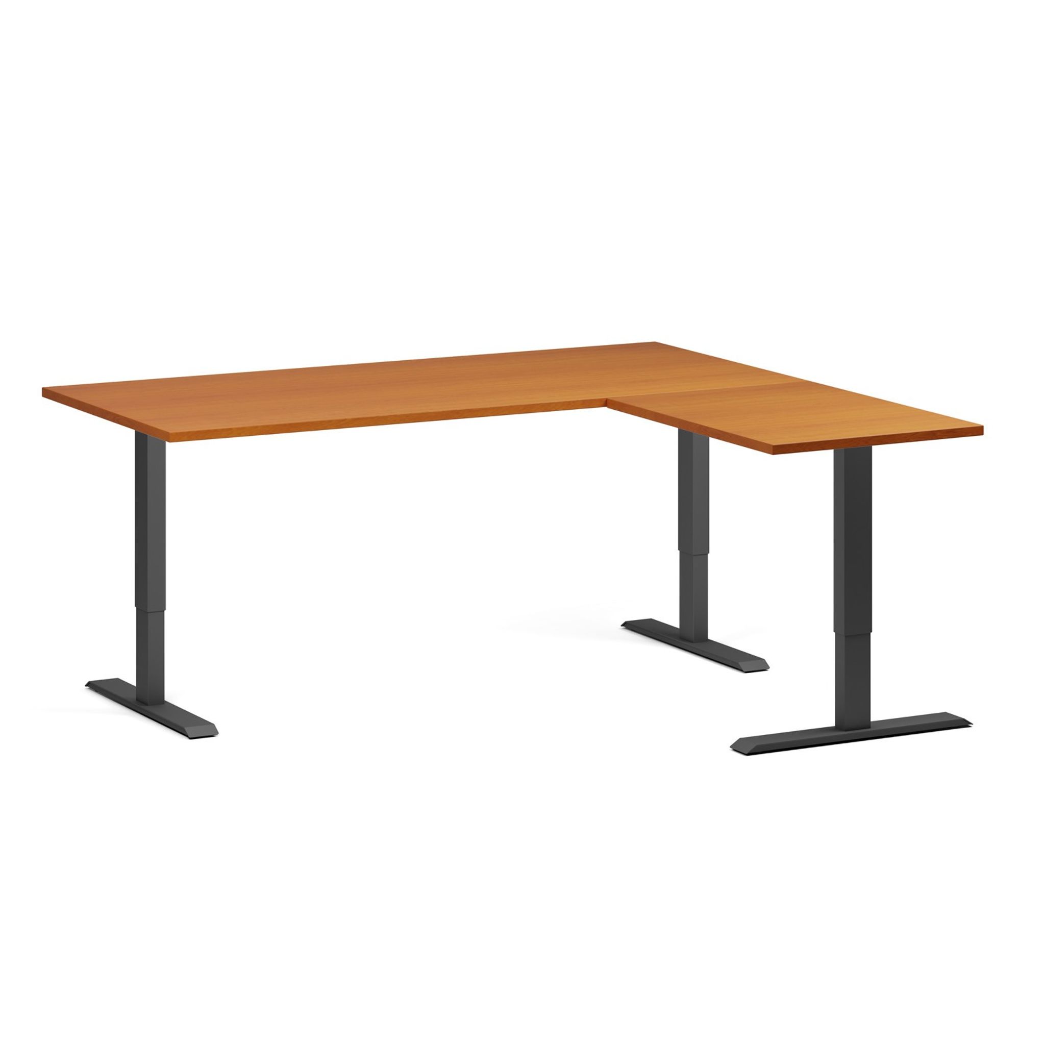 Höhenverstellbarer Schreibtisch, 3 Motoren, 745 - 1215 mm, Ecke L/R, Tischplatte 1800 x 1600 mm, schwarzes Untergestell, Kirschbaum