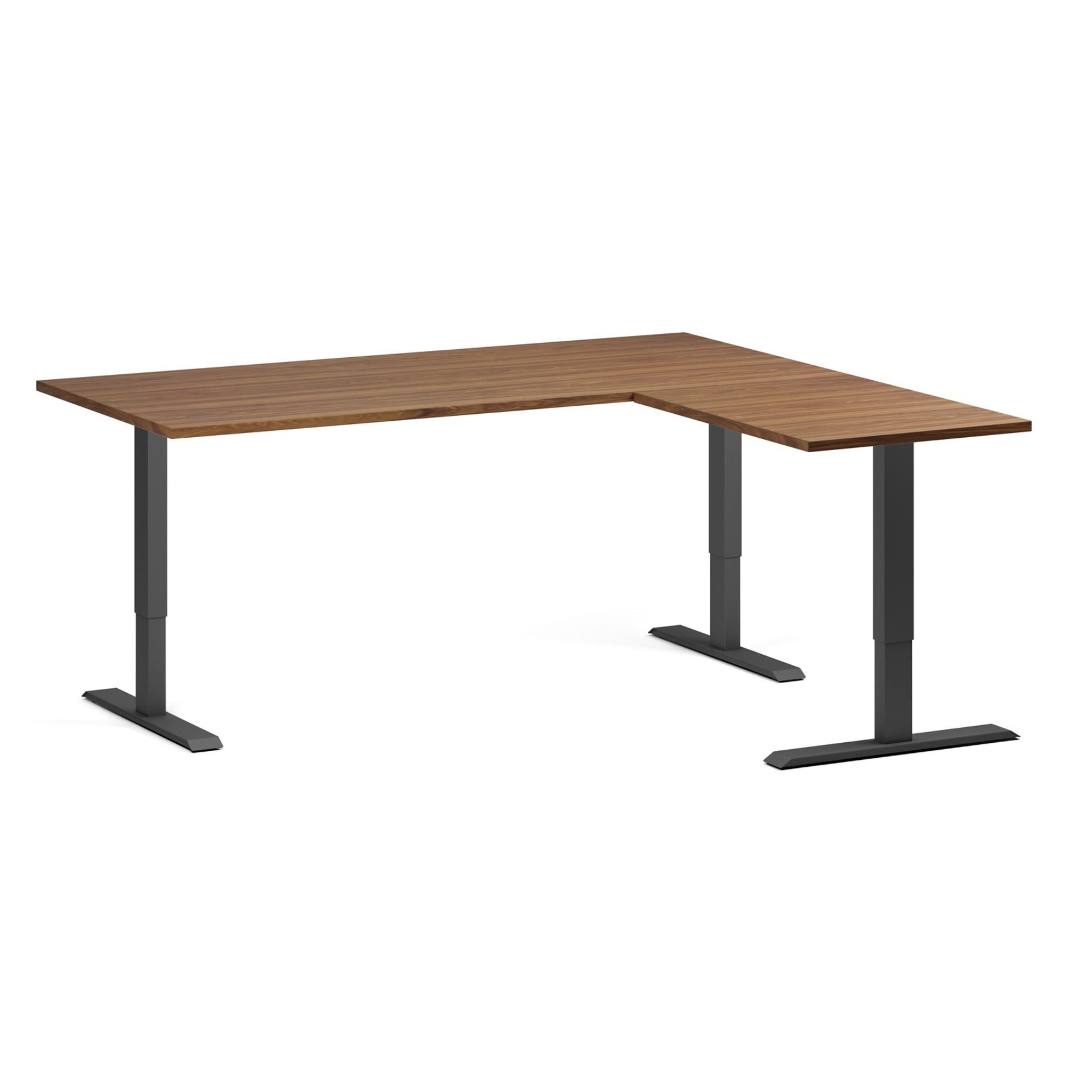 Höhenverstellbarer Schreibtisch, 3 Motoren, 745 - 1215 mm, Ecke L/R, Tischplatte 1800 x 1600 mm, schwarzes Untergestell, Nussbaum