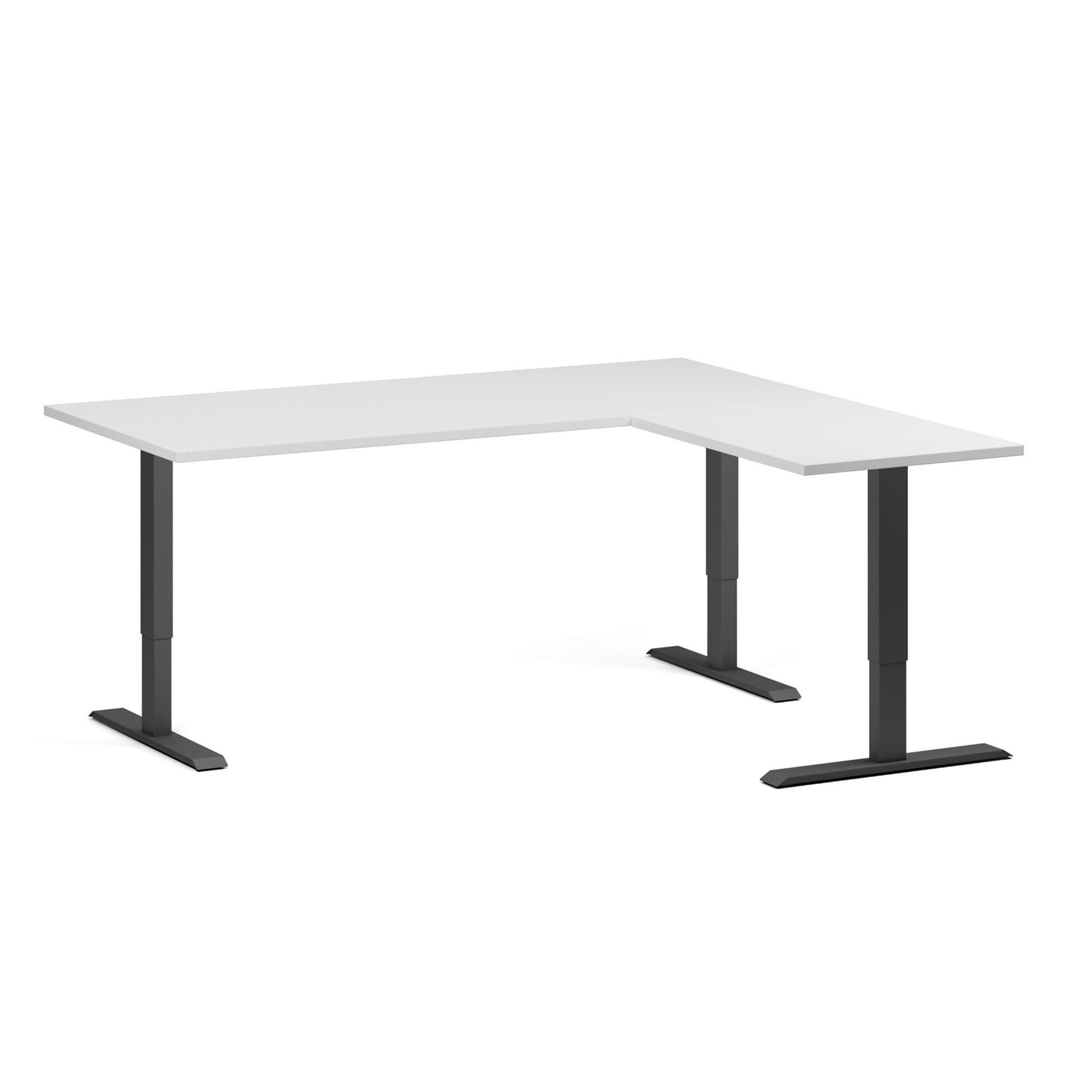 Höhenverstellbarer Schreibtisch, 3 Motoren, 745 - 1215 mm, Ecke L/R, Tischplatte 1800 x 1600 mm, schwarzes Untergestell, weiß