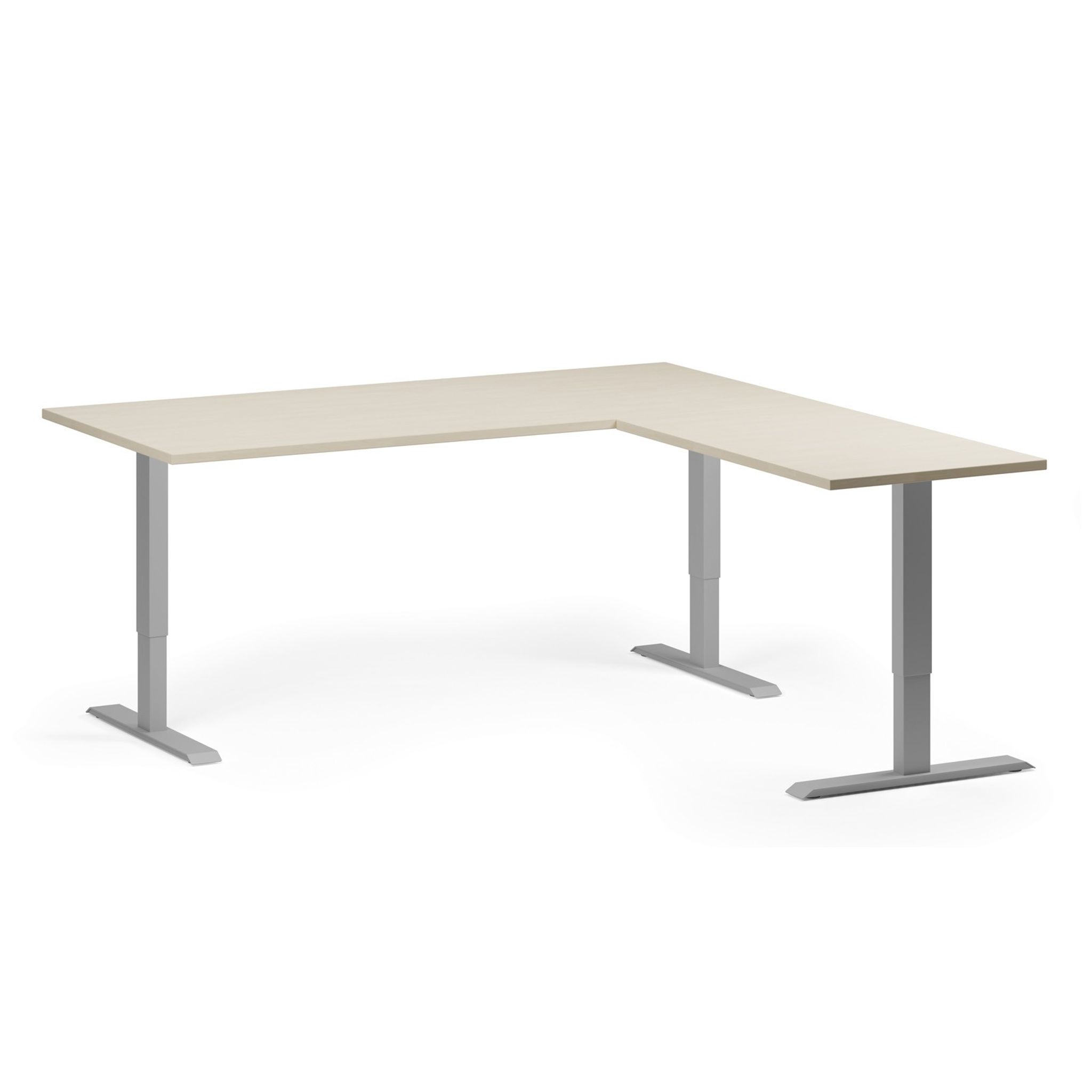 Höhenverstellbarer Schreibtisch, 3 Motoren, 745 - 1215 mm, Ecke L/R, Tischplatte 1800 x 1800 mm, graues Untergestell, Birke