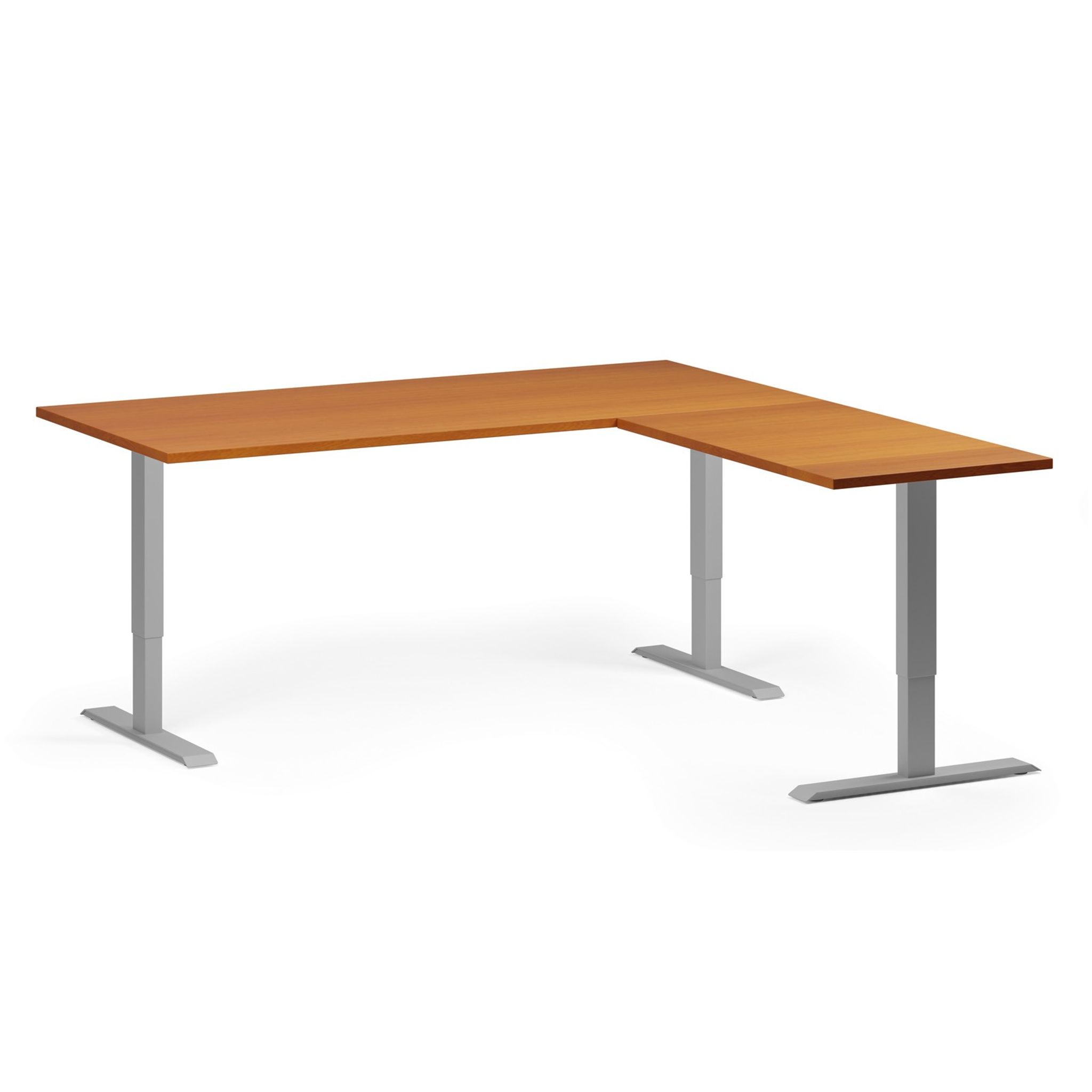 Höhenverstellbarer Schreibtisch, 3 Motoren, 745 - 1215 mm, Ecke L/R, Tischplatte 1800 x 1800 mm, graues Untergestell, Kirschbaum
