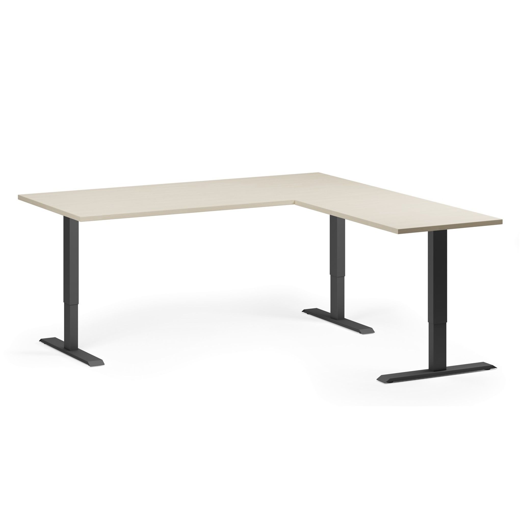 Höhenverstellbarer Schreibtisch, 3 Motoren, 745 - 1215 mm, Ecke L/R, Tischplatte 1800 x 1800 mm, schwarzes Untergestell, Birke