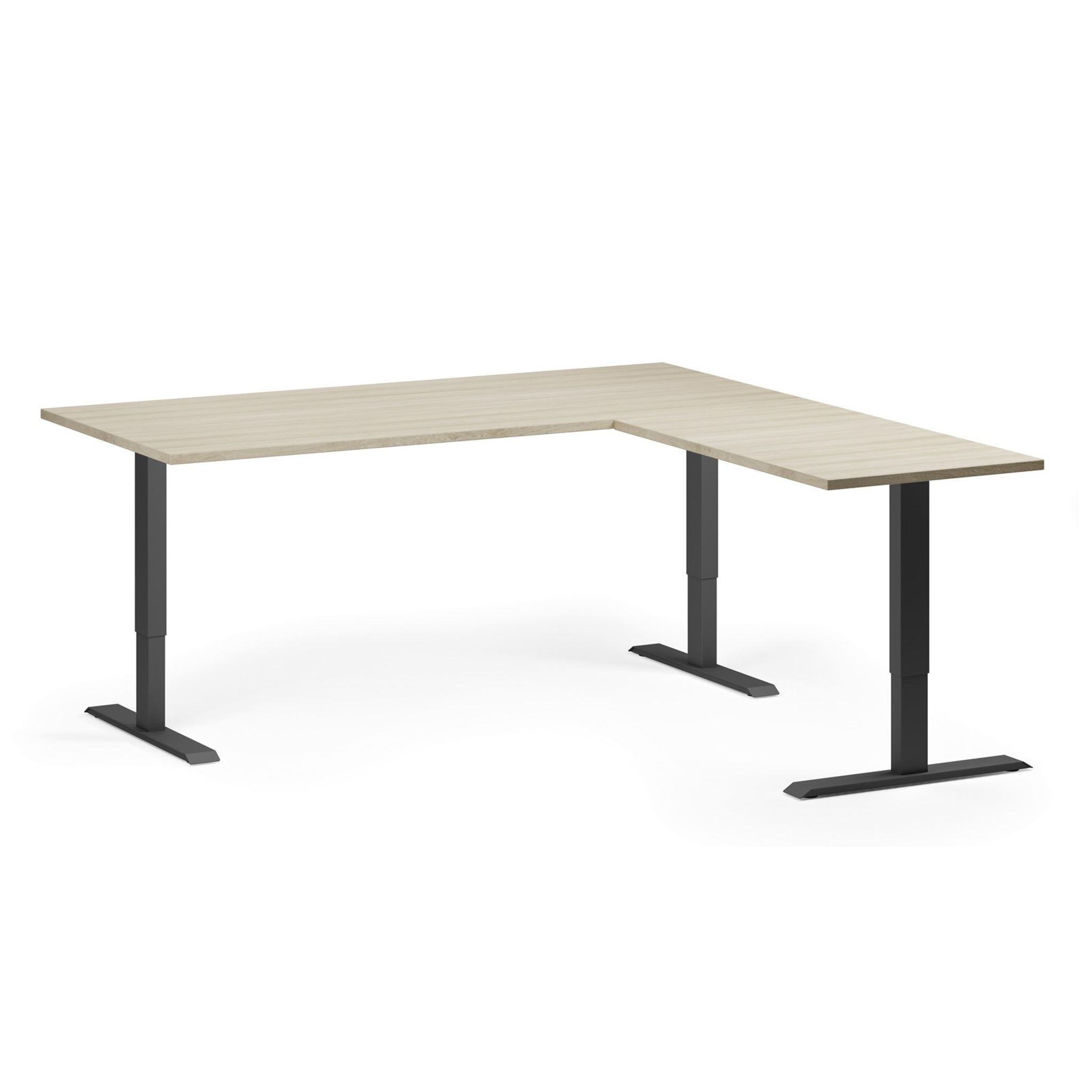Höhenverstellbarer Schreibtisch, 3 Motoren, 745 - 1215 mm, Ecke L/R, Tischplatte 1800 x 1800 mm, schwarzes Untergestell, Eiche natur