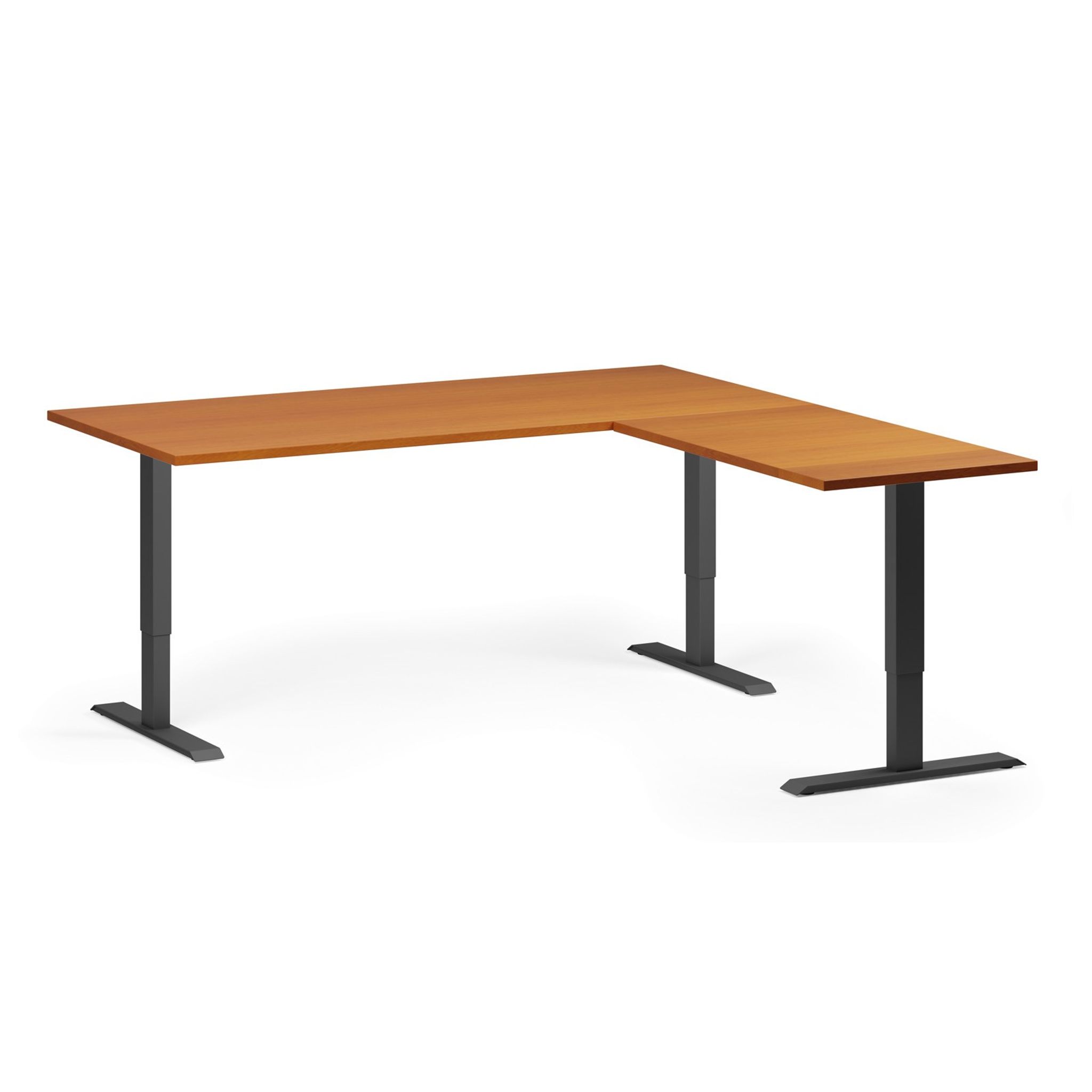 Höhenverstellbarer Schreibtisch, 3 Motoren, 745 - 1215 mm, Ecke L/R, Tischplatte 1800 x 1800 mm, schwarzes Untergestell, Kirschbaum