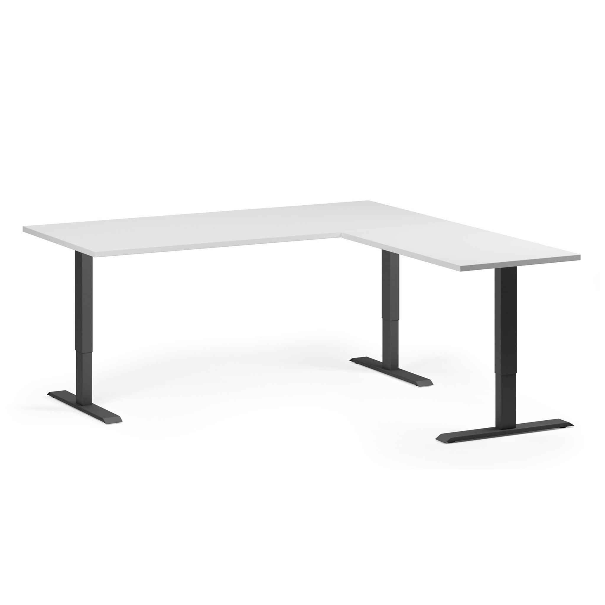 Höhenverstellbarer Schreibtisch, 3 Motoren, 745 - 1215 mm, Ecke L/R, Tischplatte 1800 x 1800 mm, schwarzes Untergestell, weiß