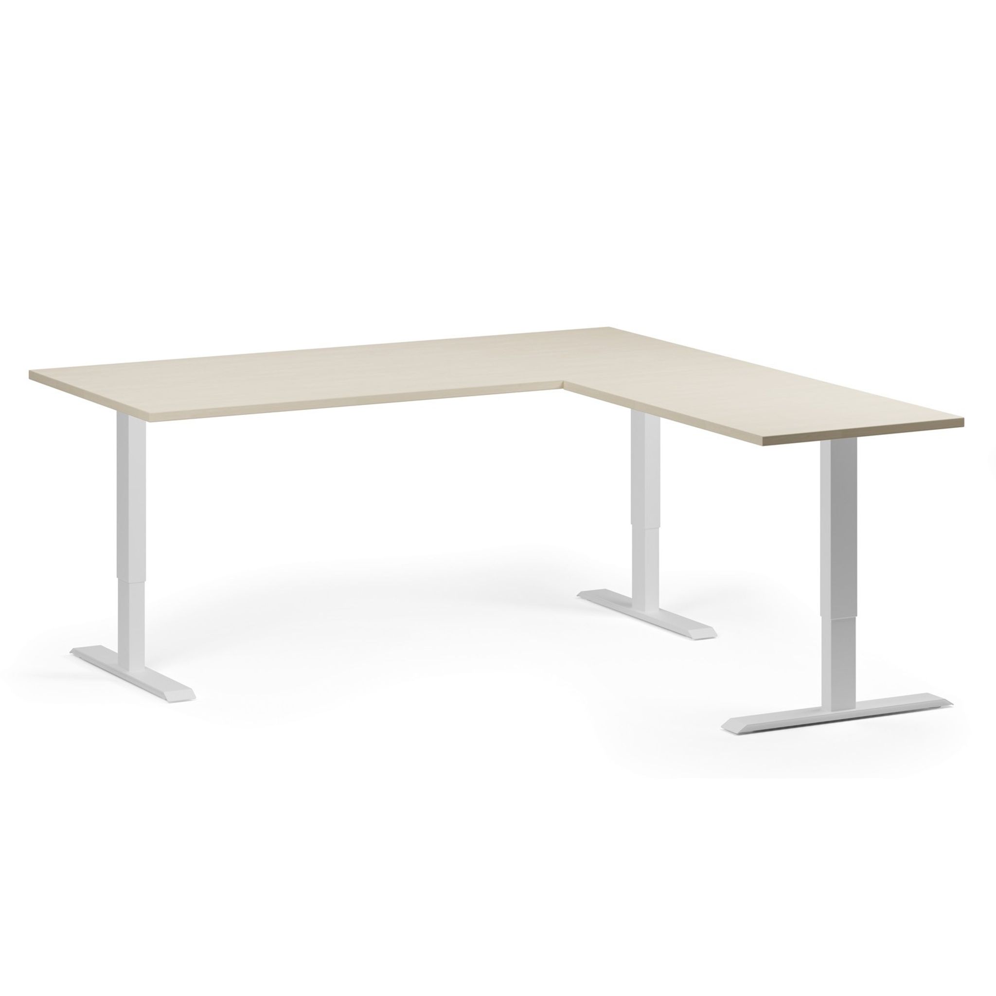 Höhenverstellbarer Schreibtisch, 3 Motoren, 745 - 1215 mm, Ecke L/R, Tischplatte 1800 x 1800 mm, weißes Untergestell, Birke