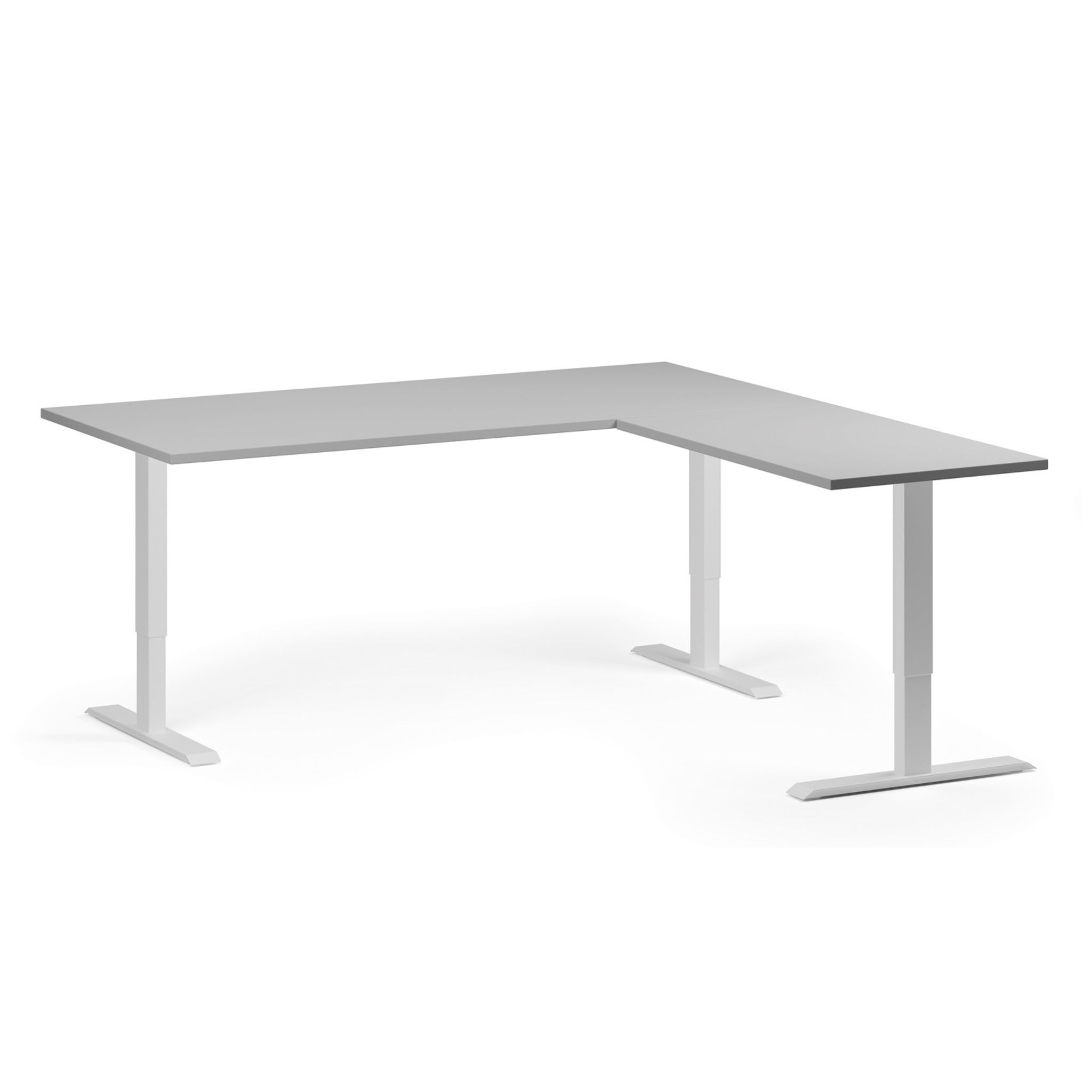 Höhenverstellbarer Schreibtisch, 3 Motoren, 745 - 1215 mm, Ecke L/R, Tischplatte 1800 x 1800 mm, weißes Untergestell, grau