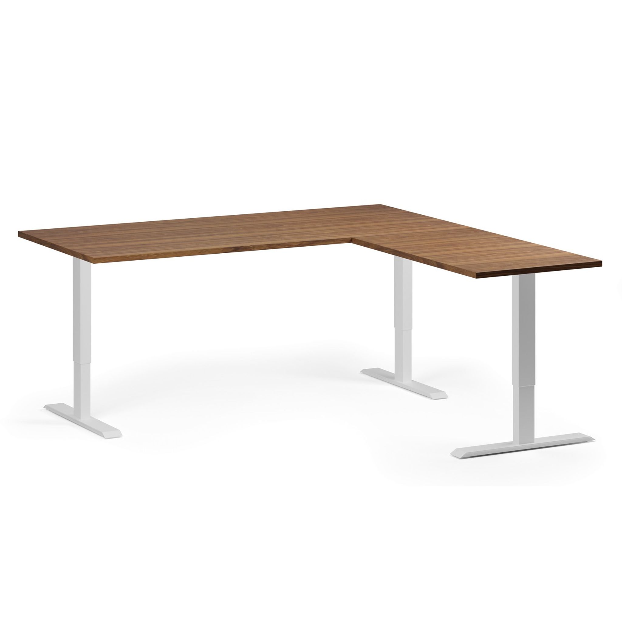 Höhenverstellbarer Schreibtisch, 3 Motoren, 745 - 1215 mm, Ecke L/R, Tischplatte 1800 x 1800 mm, weißes Untergestell, Nussbaum