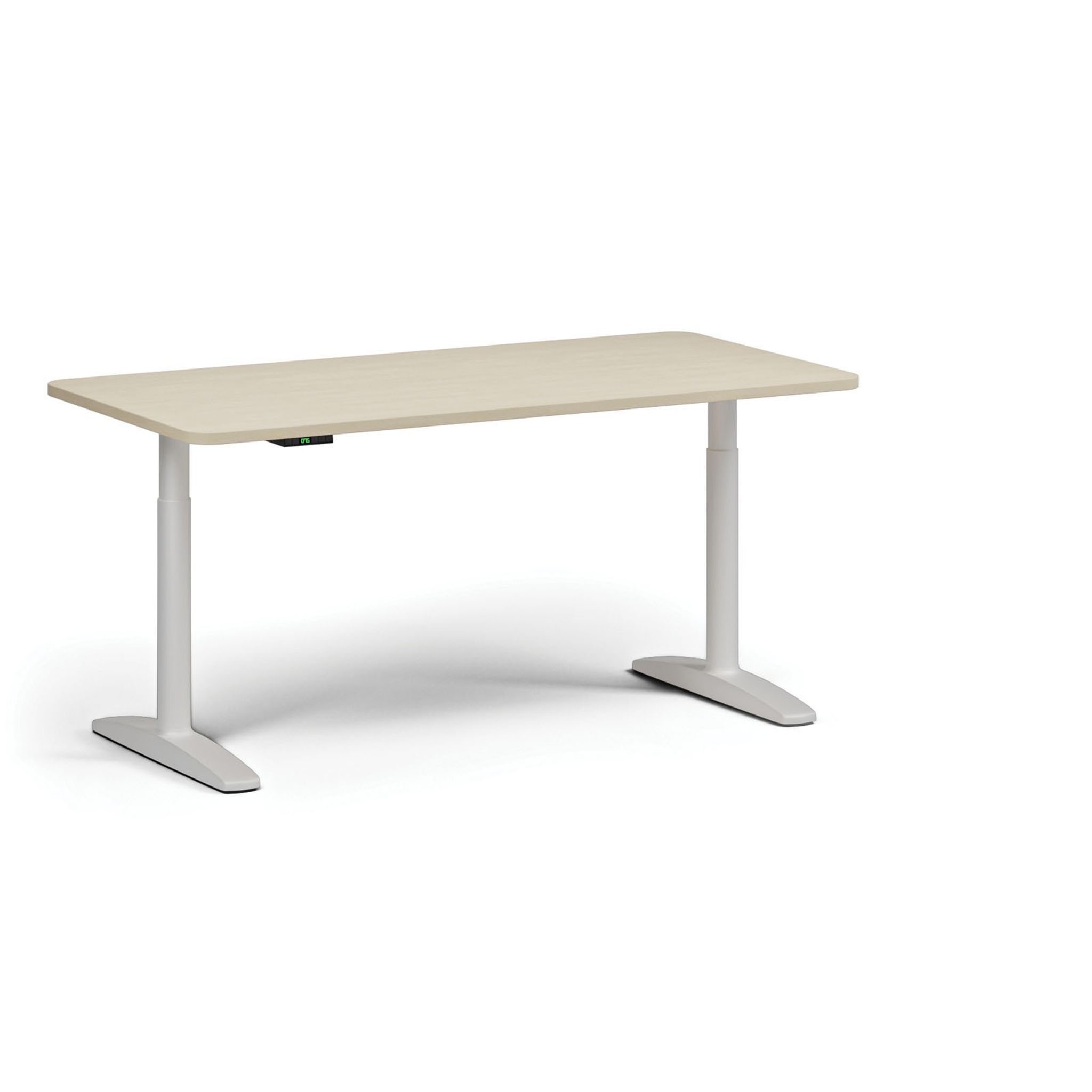 Höhenverstellbarer Schreibtisch OBOL, elektrisch, 675-1325 mm, abgerundete Ecken, Tischplatte 1600x800 mm, weißes abgerundetes Untergestell