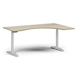 Höhenverstellbarer Schreibtisch OBOL, elektrisch, 675-1325 mm, ergonomisch rechts, Tischplatte 1800x1200 mm, weißes abgerundetes Untergestell, Eiche natur