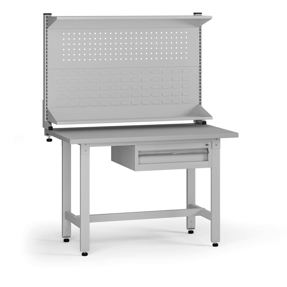 B2B Partner Höhenverstellbarer Werkbank G5 mit Aufsatz, 1200 x 750 x 800-1000 mm, 1x Container, 1 Schublade, grau