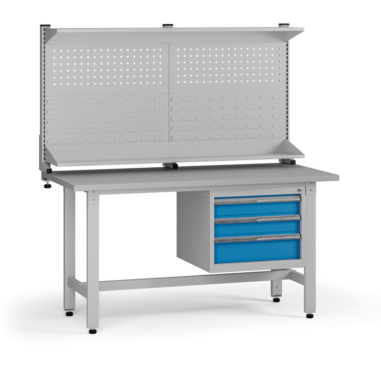B2B Partner Höhenverstellbarer Werkbank G5 mit Aufsatz, 1500 x 750 x 800-1000 mm, 1x Container, 3 Schubladen, blau