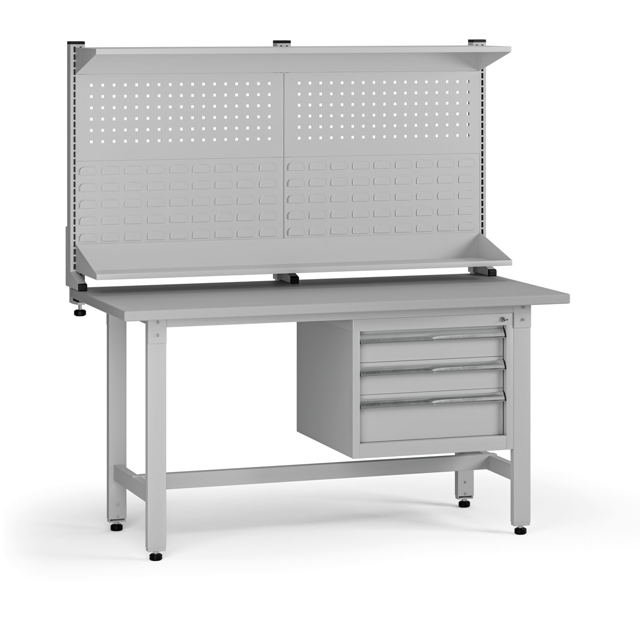 B2B Partner Höhenverstellbarer Werkbank G5 mit Aufsatz, 1500 x 750 x 800-1000 mm, 1x Container, 3 Schubladen, grau