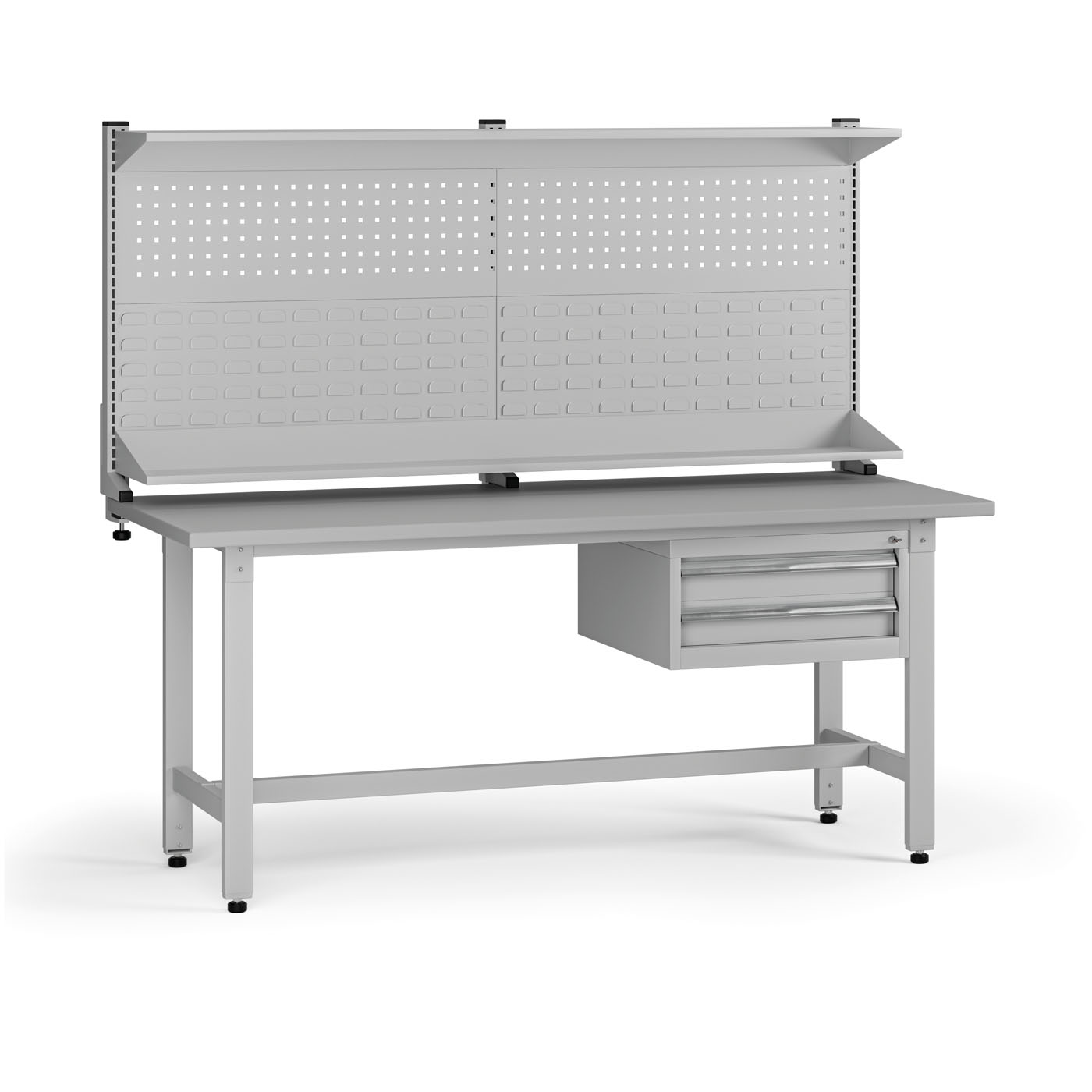 B2B Partner Höhenverstellbarer Werkbank G5 mit Aufsatz, 1800 x 750 x 800-1000 mm, 1x Container, 2 Schubladen, grau