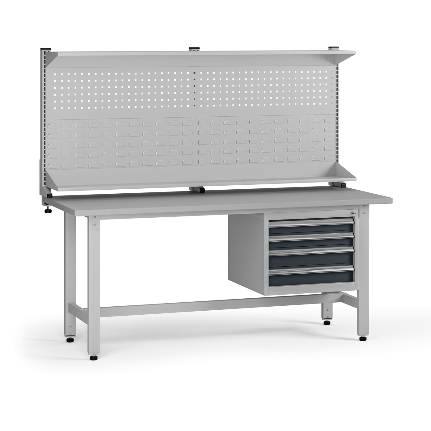 B2B Partner Höhenverstellbarer Werkbank G5 mit Aufsatz, 1800 x 750 x 800-1000 mm, 1x Container, 4 Schubladen, Graphit