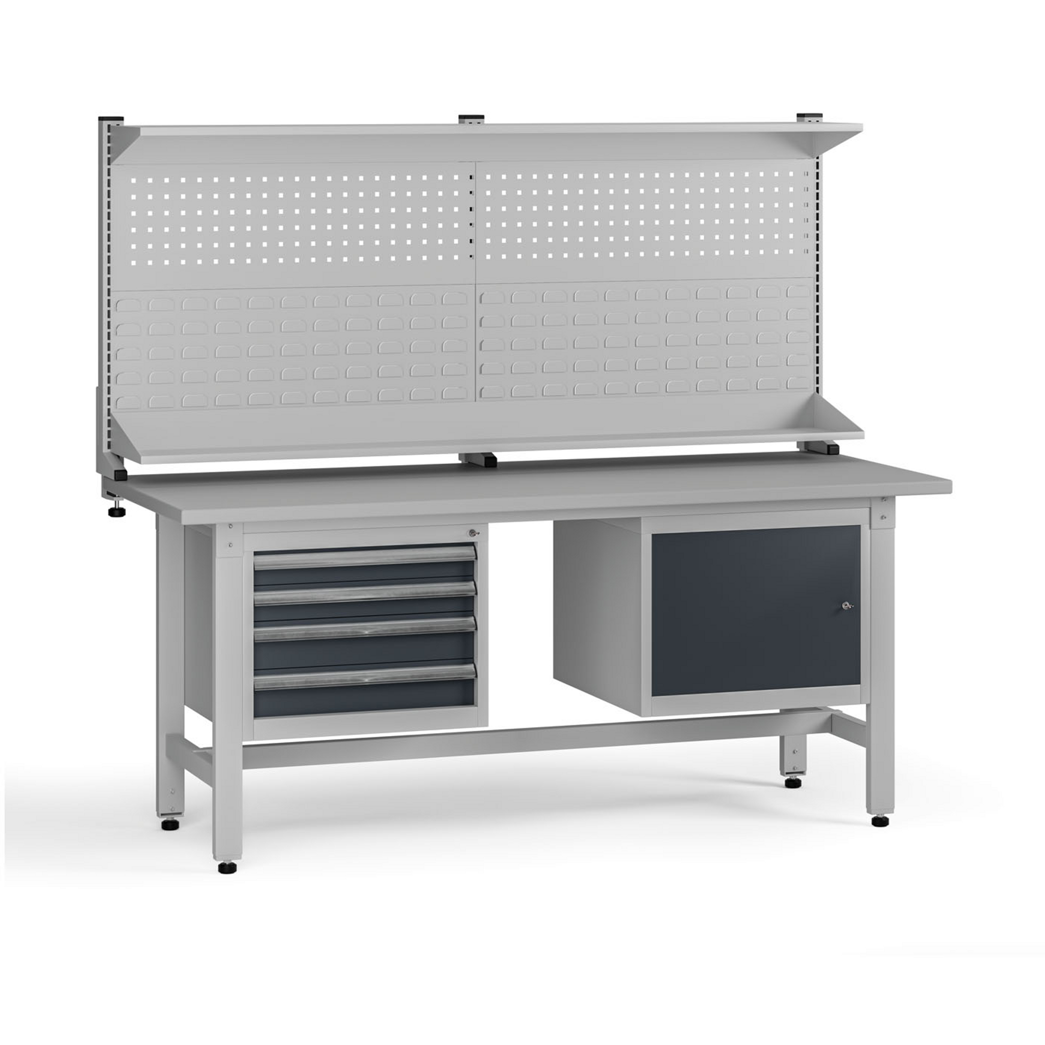 Höhenverstellbarer Werkbank G5 mit Aufsatz, 1800 x 750 x 800-1000 mm, 1x Schrank, 4 Schubladen