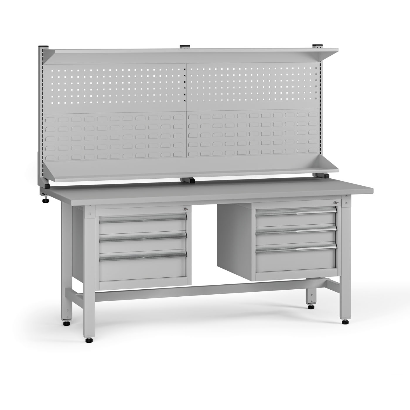B2B Partner Höhenverstellbarer Werkbank G5 mit Aufsatz, 1800 x 750 x 800-1000 mm, 2x Container, 6 Schubladen, grau