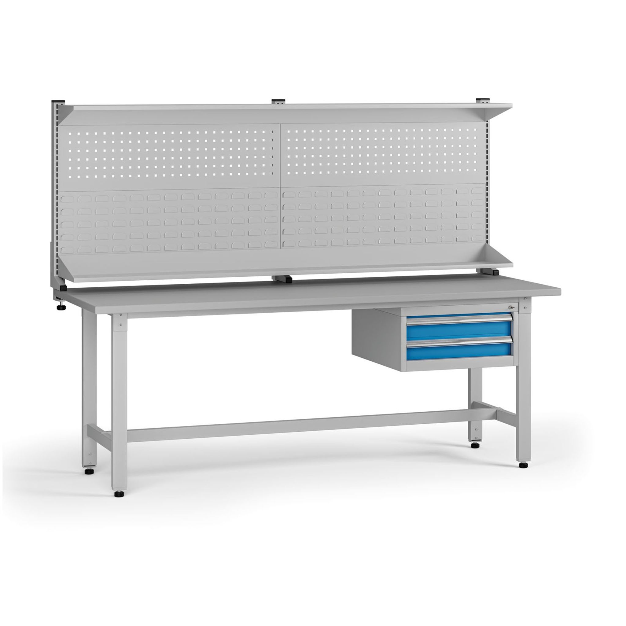 Höhenverstellbarer Werkbank G5 mit Aufsatz, 2100 x 750 x 800-1000 mm, 1x Container, 2 Schubladen