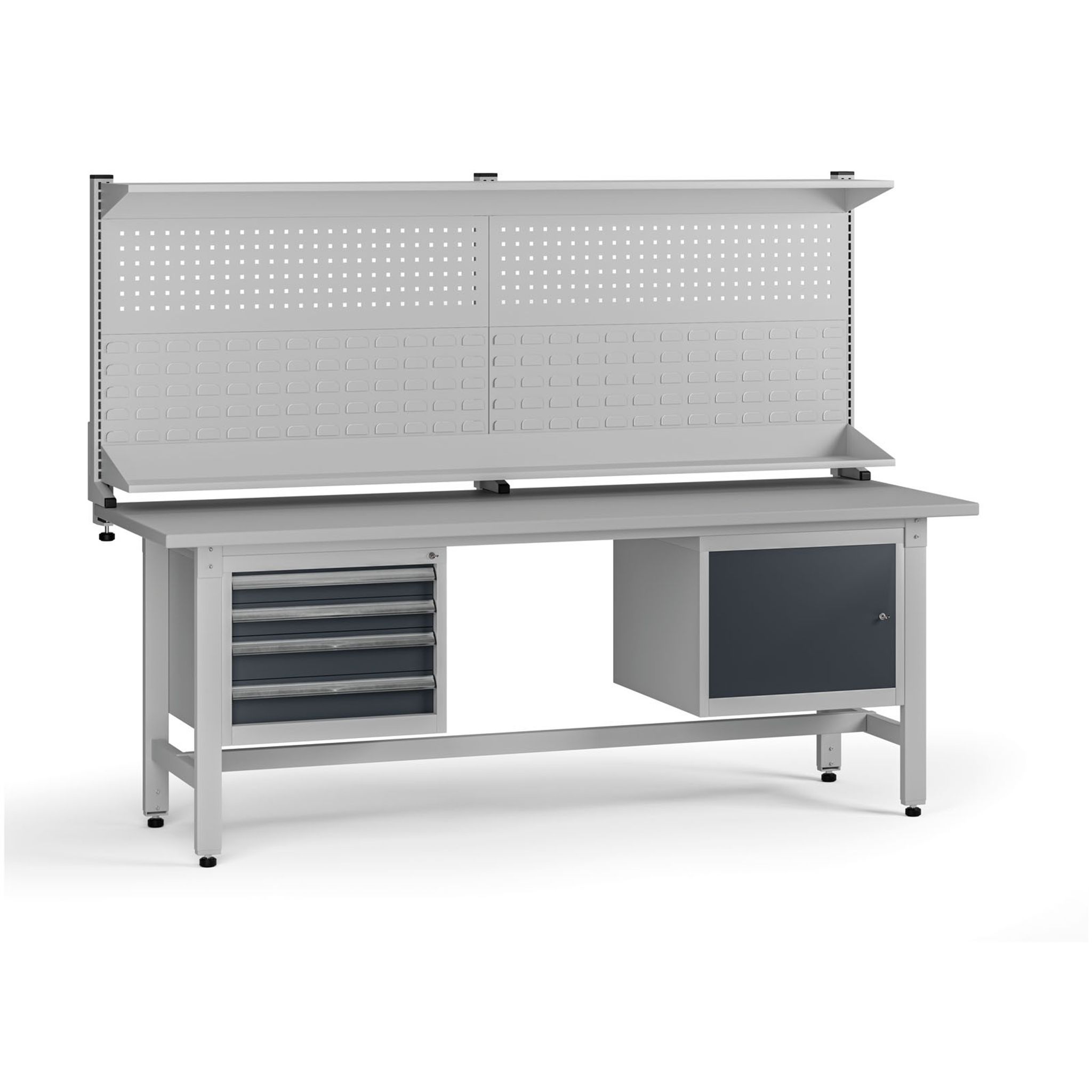 Höhenverstellbarer Werkbank G5 mit Aufsatz, 2100 x 750 x 800-1000 mm, 1x Schrank, 4 Schubladen