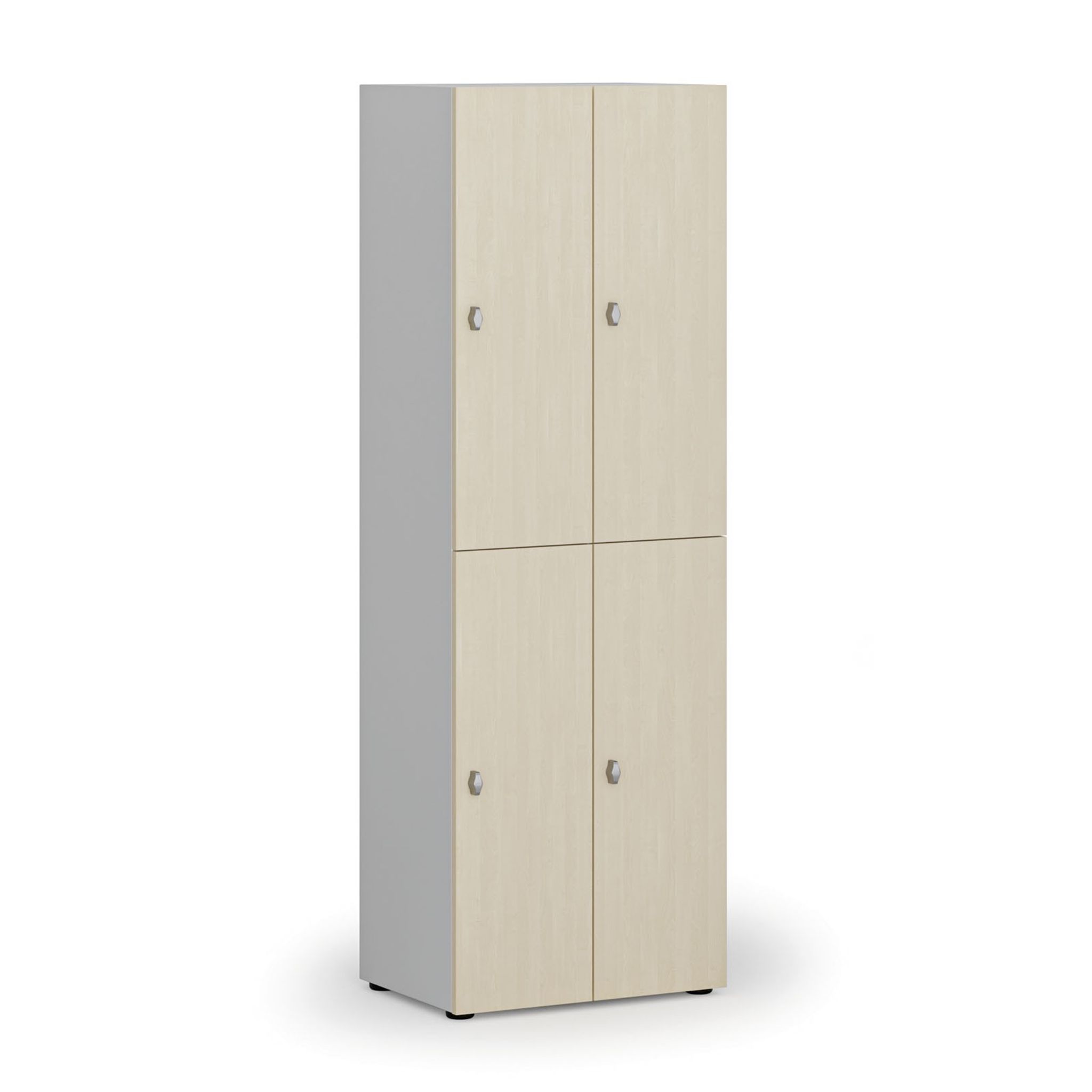 Holzspind mit Ablagefächern, 4 Fächer, Drehriegelschloss, grau/Birke