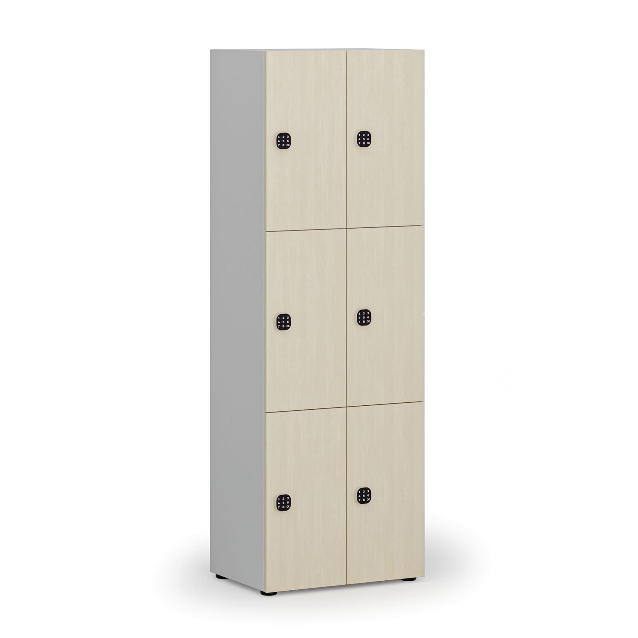 Holzspind mit Ablagefächern, 6 Fächer, Codeschloss, grau/Birke