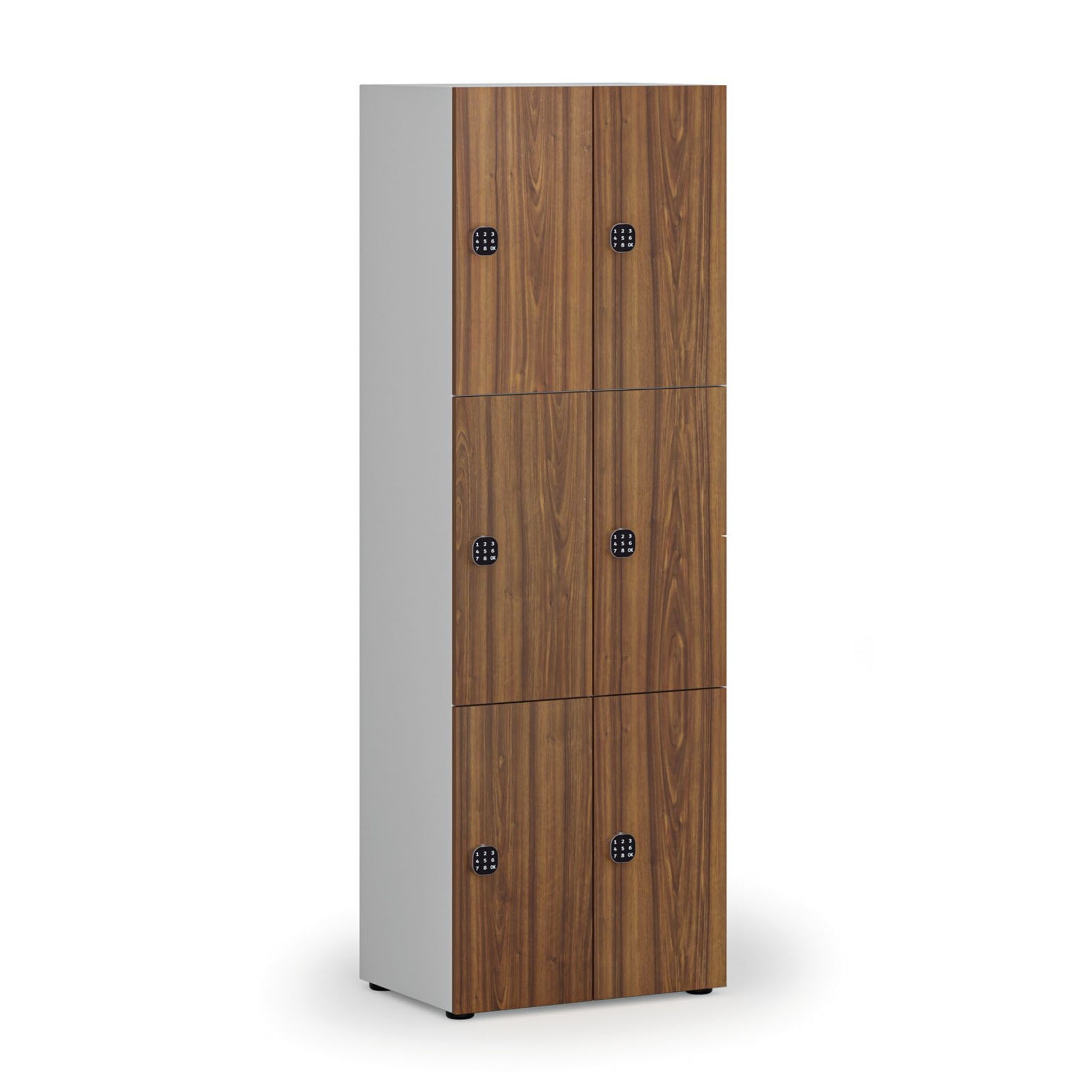 Holzspind mit Ablagefächern, 6 Fächer, Codeschloss, grau/Nussbaum