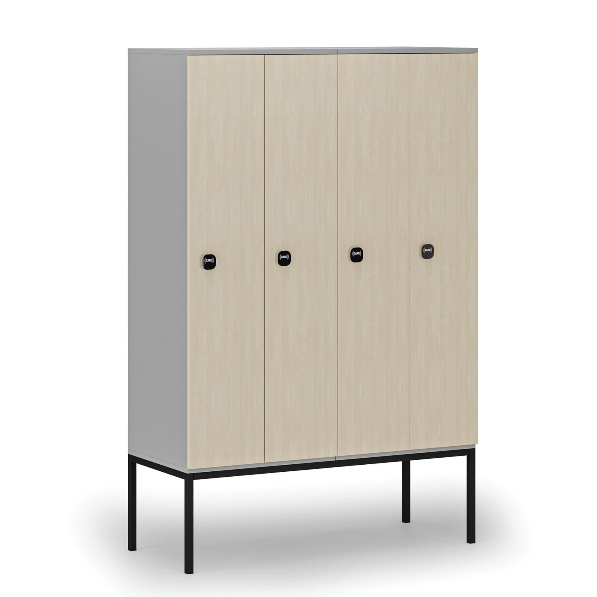 Holzspind mit Beinen, 4 Abteile, 1871 x 1200 x 500 mm, RFID-Schloss, grau/Birke
