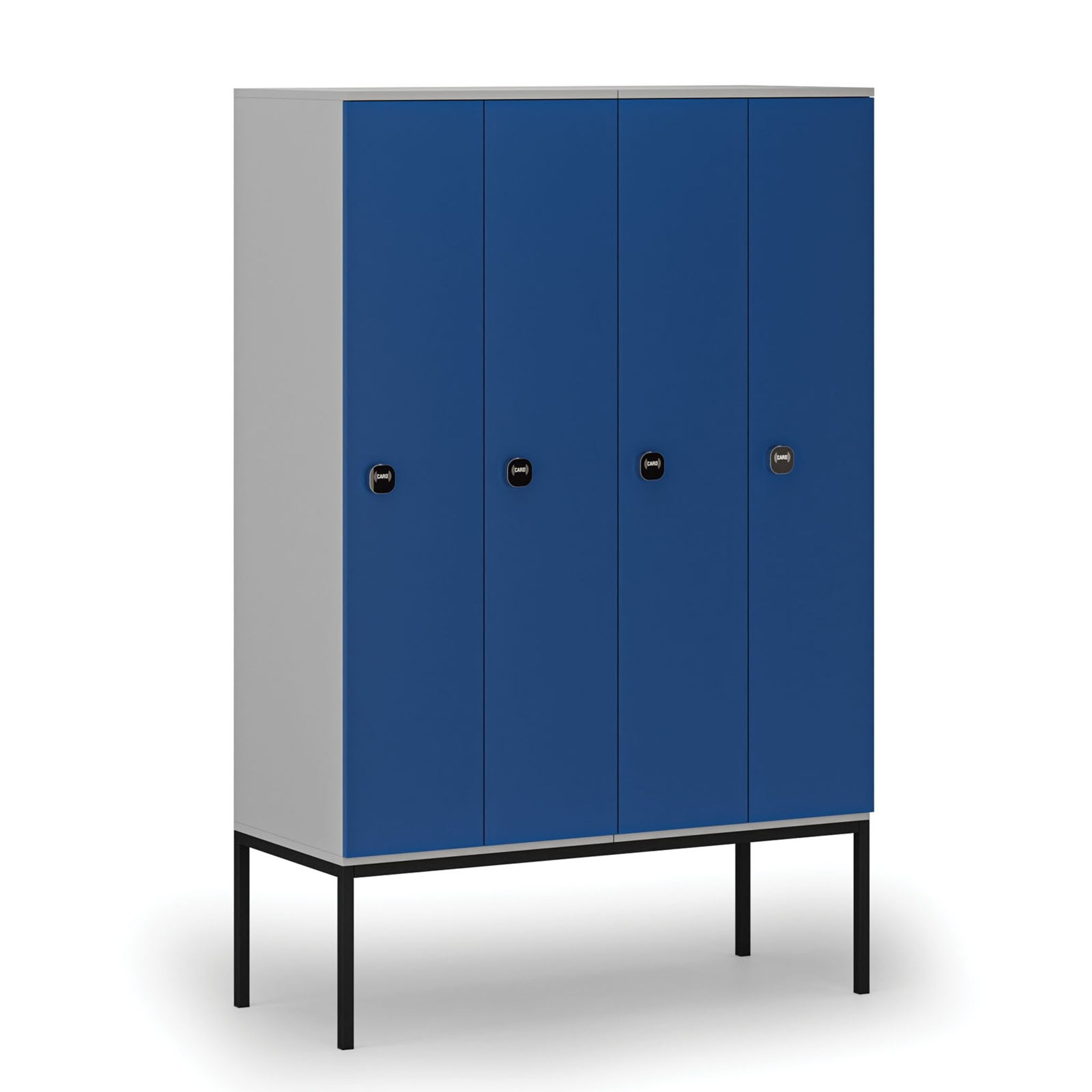 Holzspind mit Beinen, 4 Abteile, 1871 x 1200 x 500 mm, RFID-Schloss, grau/blau