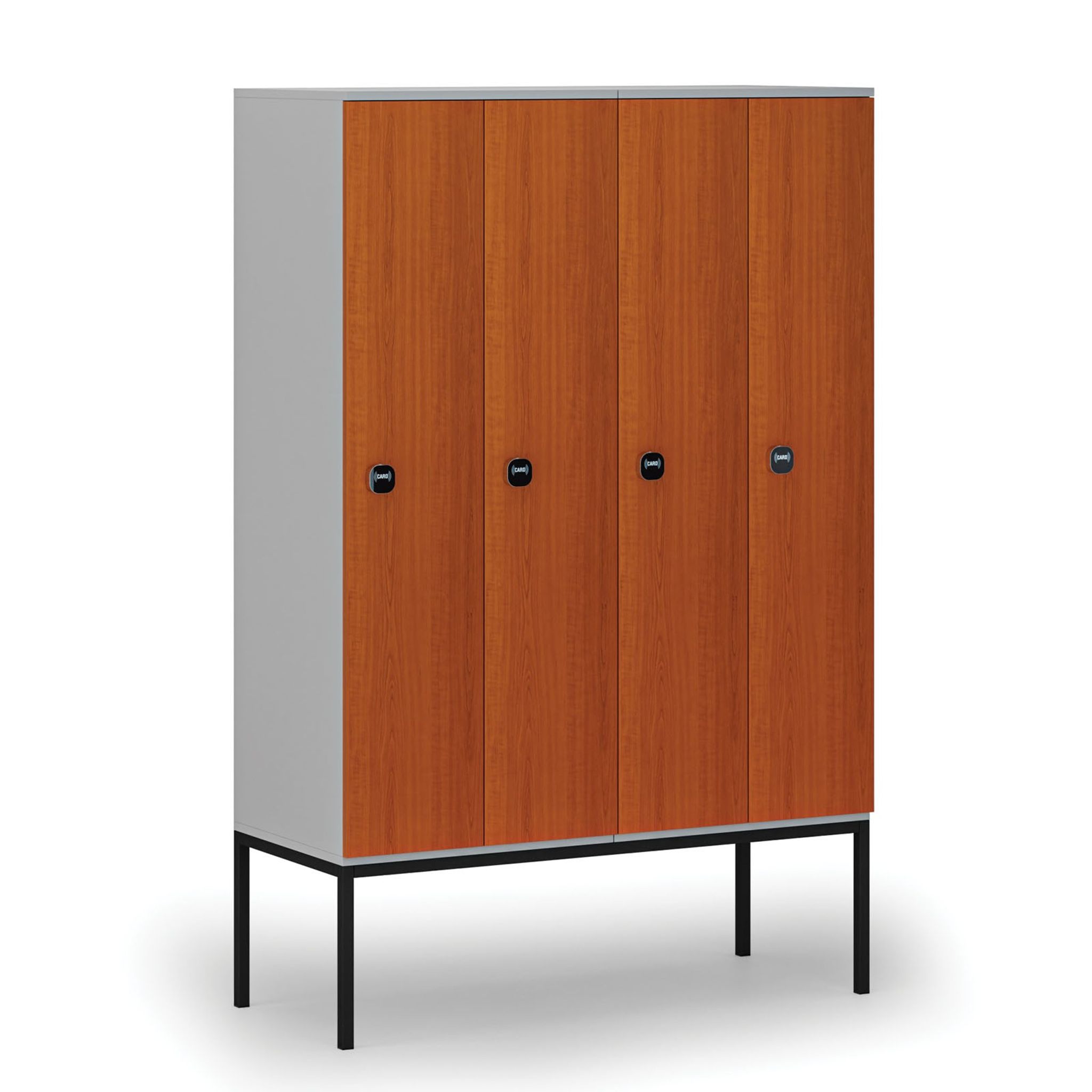 Holzspind mit Beinen, 4 Abteile, 1871 x 1200 x 500 mm, RFID-Schloss, grau/Kirschbaum