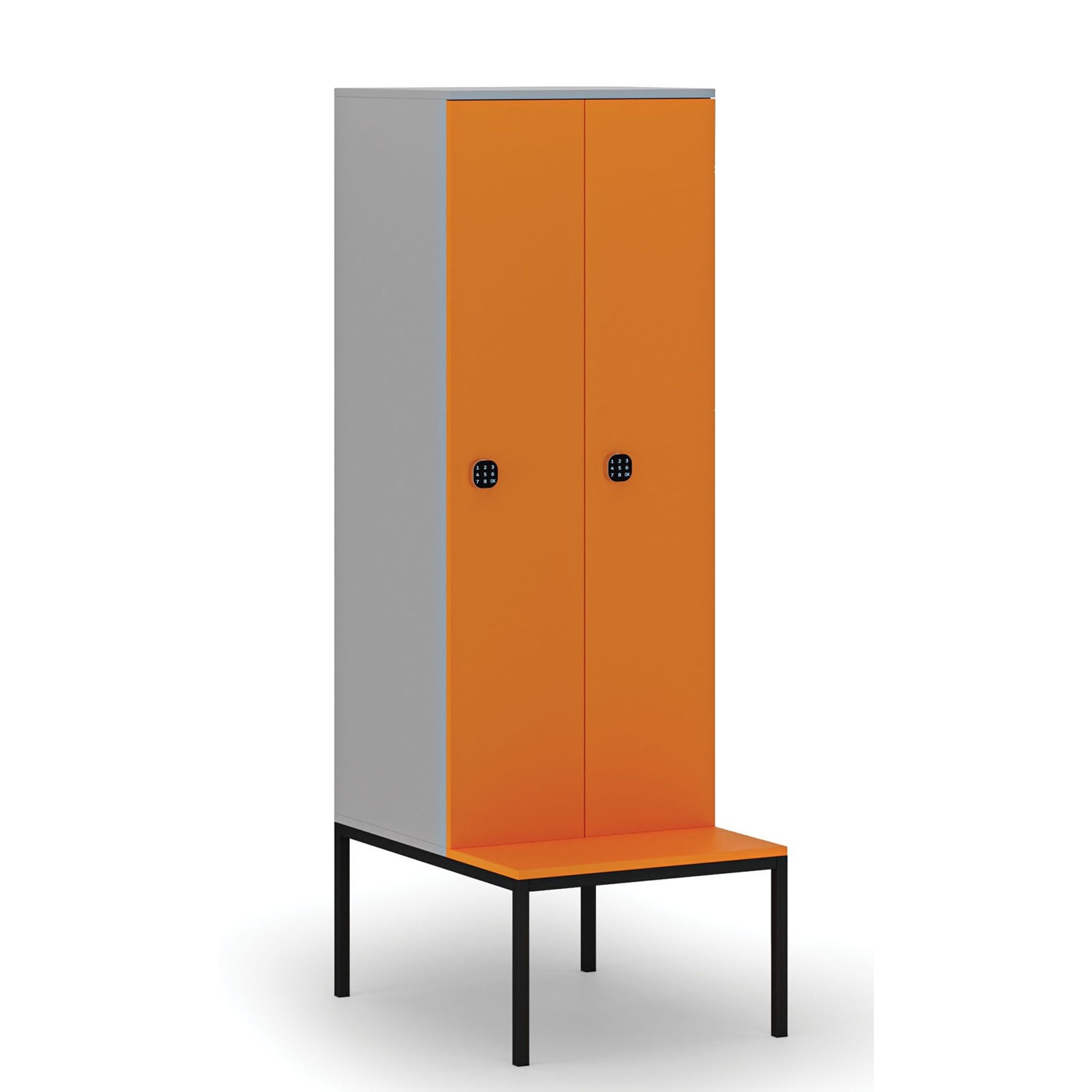 Holzspind mit Sitzbank, 2 Abteile, 1871 x 600 x 500/800 mm, Codeschloss, grau/orange