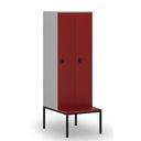 Holzspind mit Sitzbank, 2 Abteile, 1871 x 600 x 500/800 mm, Codeschloss, grau/rot