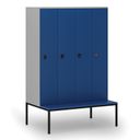 Holzspind mit Sitzbank, 4 Abteile, 1871 x 1200 x 500/800 mm, Codeschloss, grau/blau