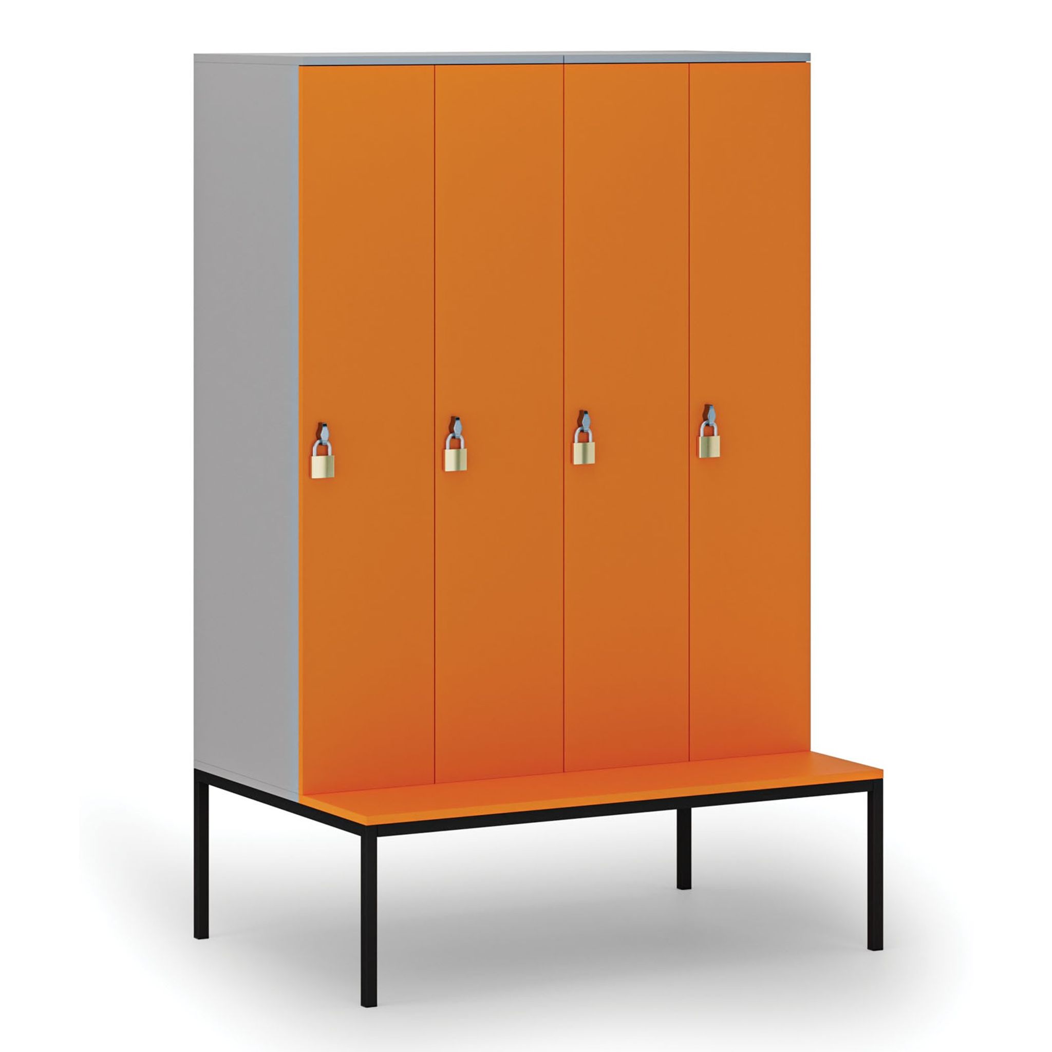 Holzspind mit Sitzbank, 4 Abteile, 1871 x 1200 x 500/800 mm, Drehriegelschloss, grau/orange