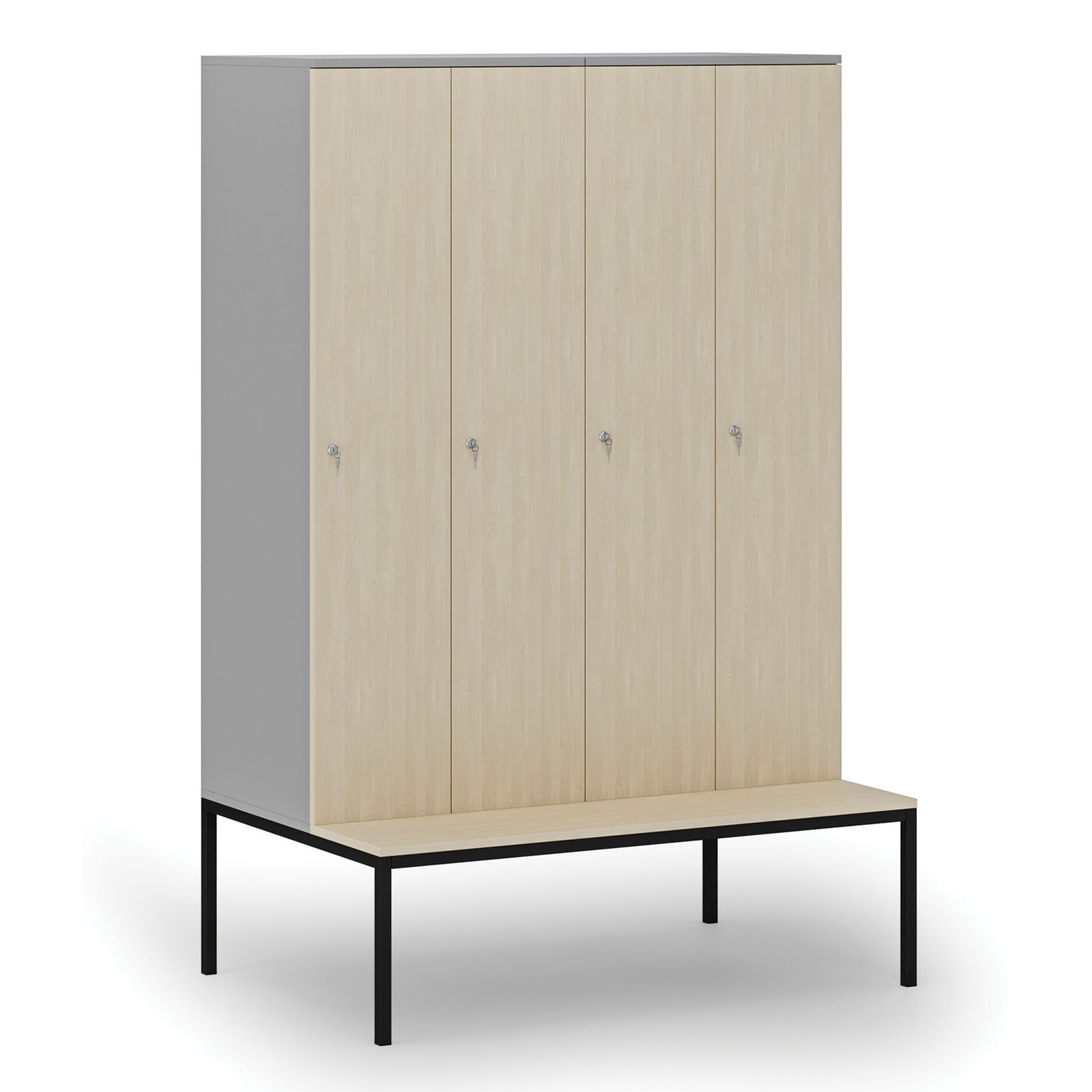 Holzspind mit Sitzbank, 4 Abteile, 1871 x 1200 x 500/800 mm, Zylinderschloss, grau/Birke
