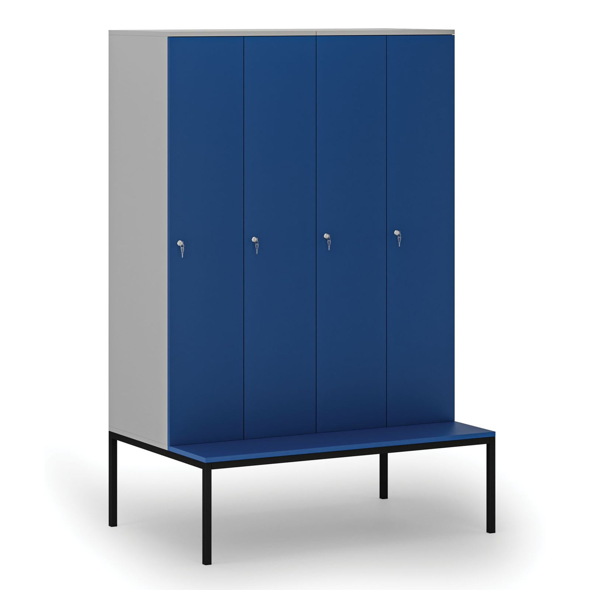 Holzspind mit Sitzbank, 4 Abteile, 1871 x 1200 x 500/800 mm, Zylinderschloss, grau/blau