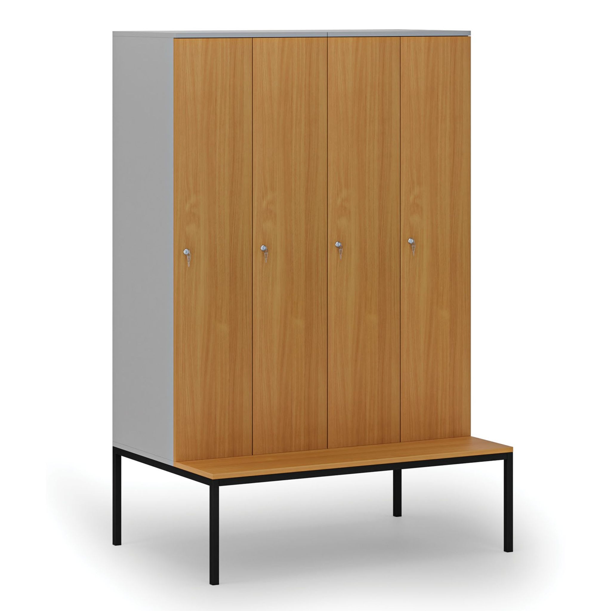 Holzspind mit Sitzbank, 4 Abteile, 1871 x 1200 x 500/800 mm, Zylinderschloss, grau/Buche
