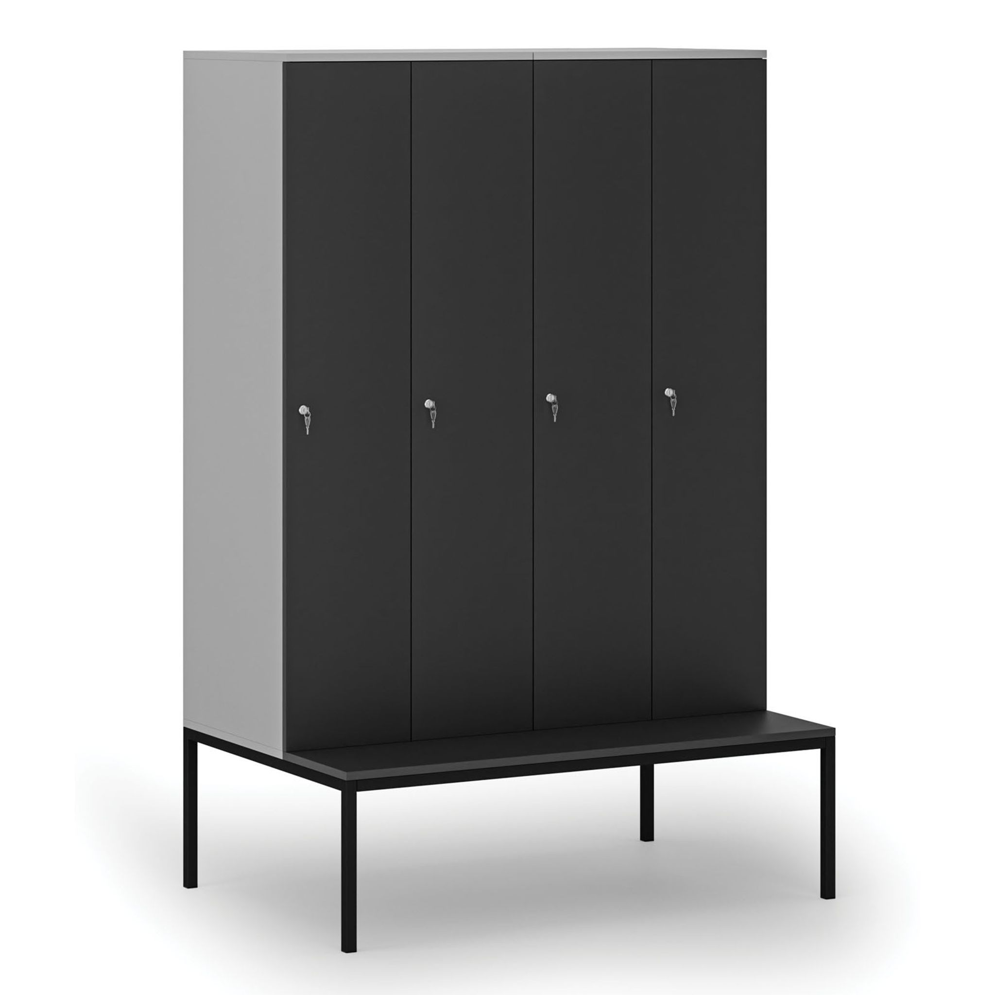 Holzspind mit Sitzbank, 4 Abteile, 1871 x 1200 x 500/800 mm, Zylinderschloss, grau/Graphit