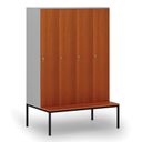 Holzspind mit Sitzbank, 4 Abteile, 1871 x 1200 x 500/800 mm, Zylinderschloss, grau/Kirschbaum