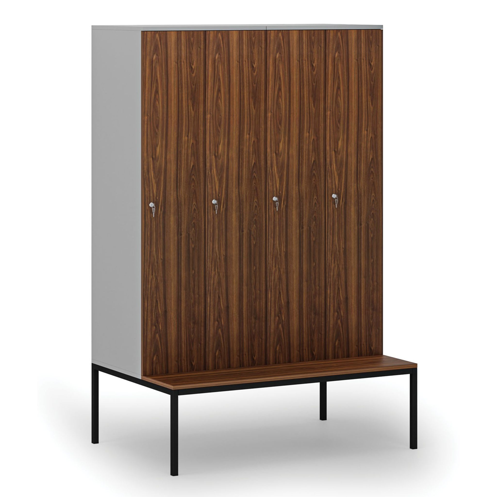 Holzspind mit Sitzbank, 4 Abteile, 1871 x 1200 x 500/800 mm, Zylinderschloss, grau/Nussbaum