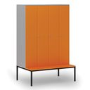 Holzspind mit Sitzbank, 4 Abteile, 1871 x 1200 x 500/800 mm, Zylinderschloss, grau/orange