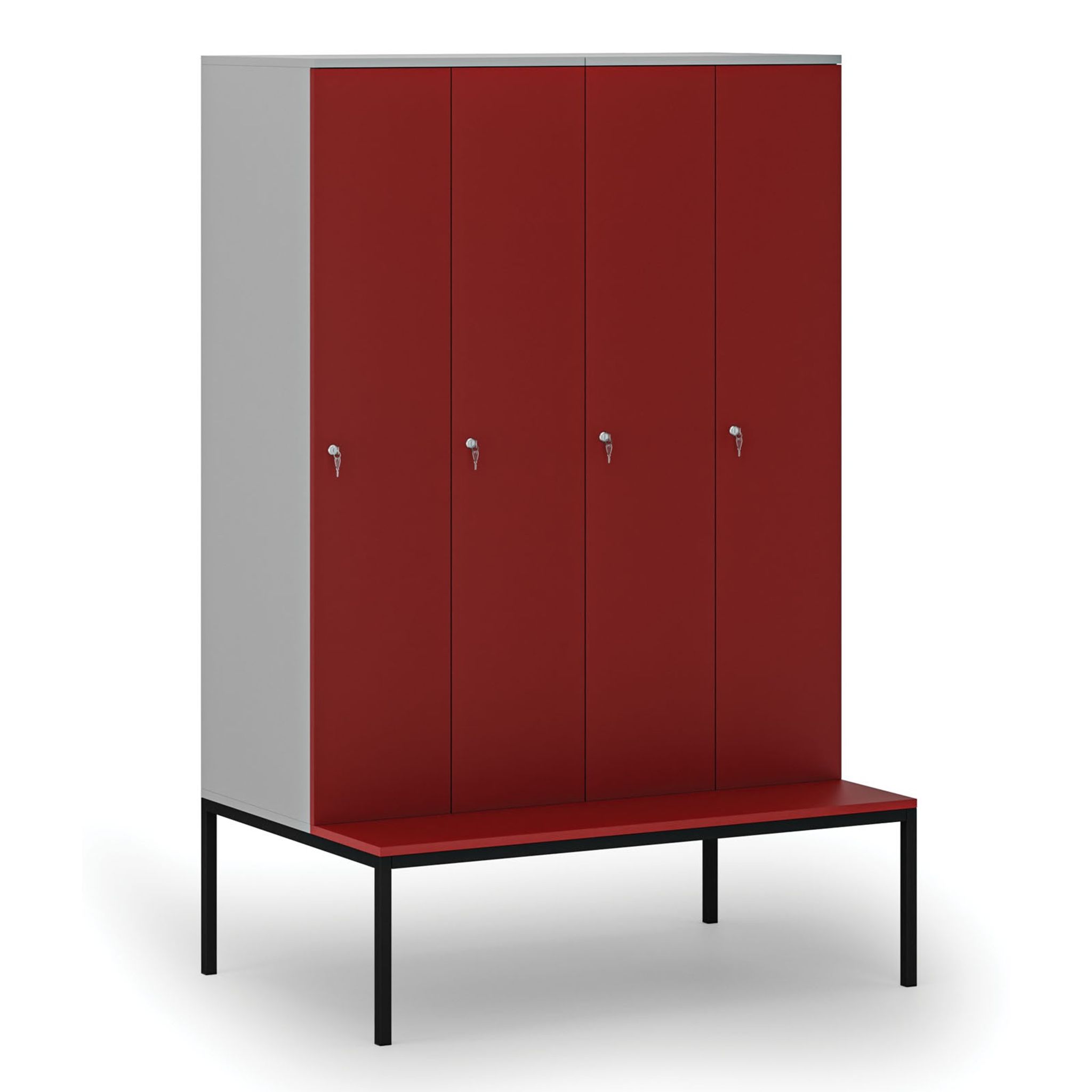 Holzspind mit Sitzbank, 4 Abteile, 1871 x 1200 x 500/800 mm, Zylinderschloss, grau/rot