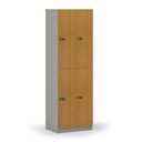 Holzspind S4 mit Ablagefächern, 4 Fächer, zerlegt, mechanisches Codeschloss, grau/Buche
