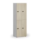 Holzspind S4 mit Ablagefächern, 4 Fächer, zerlegt, mechanisches Codeschloss, grau/Eiche natur